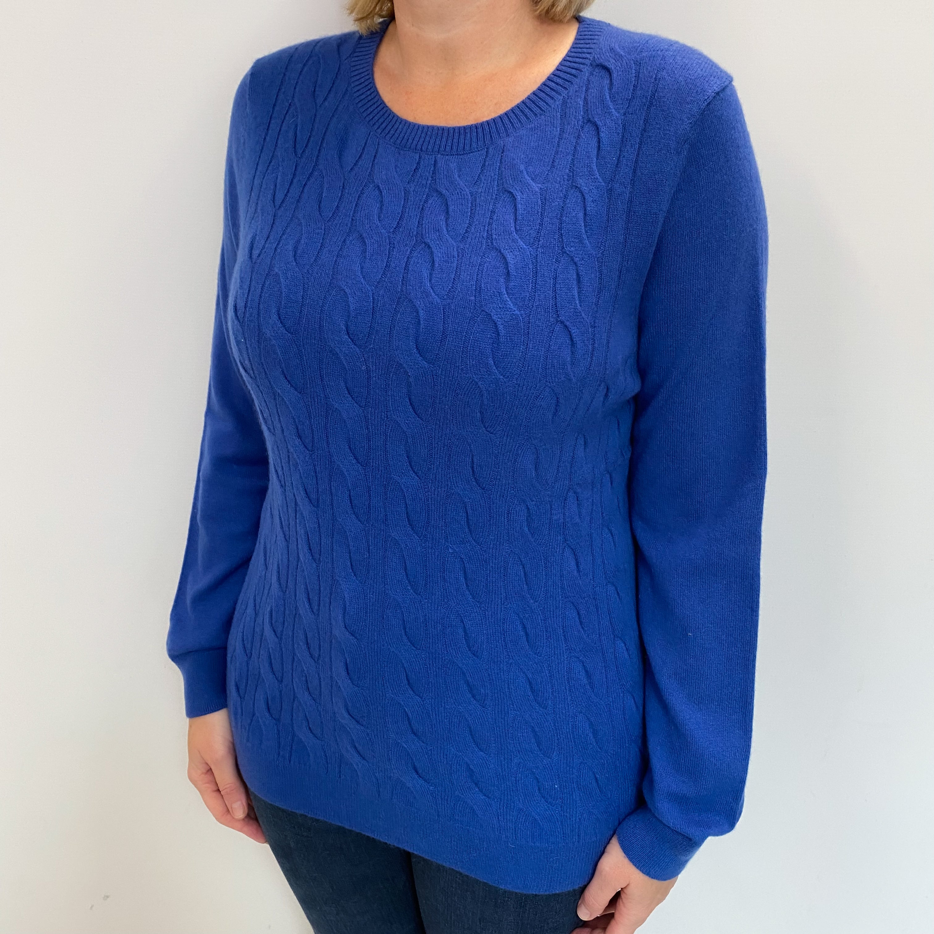 Azure Blue Cashmere Crew Neck Cable Knit Jumper Large