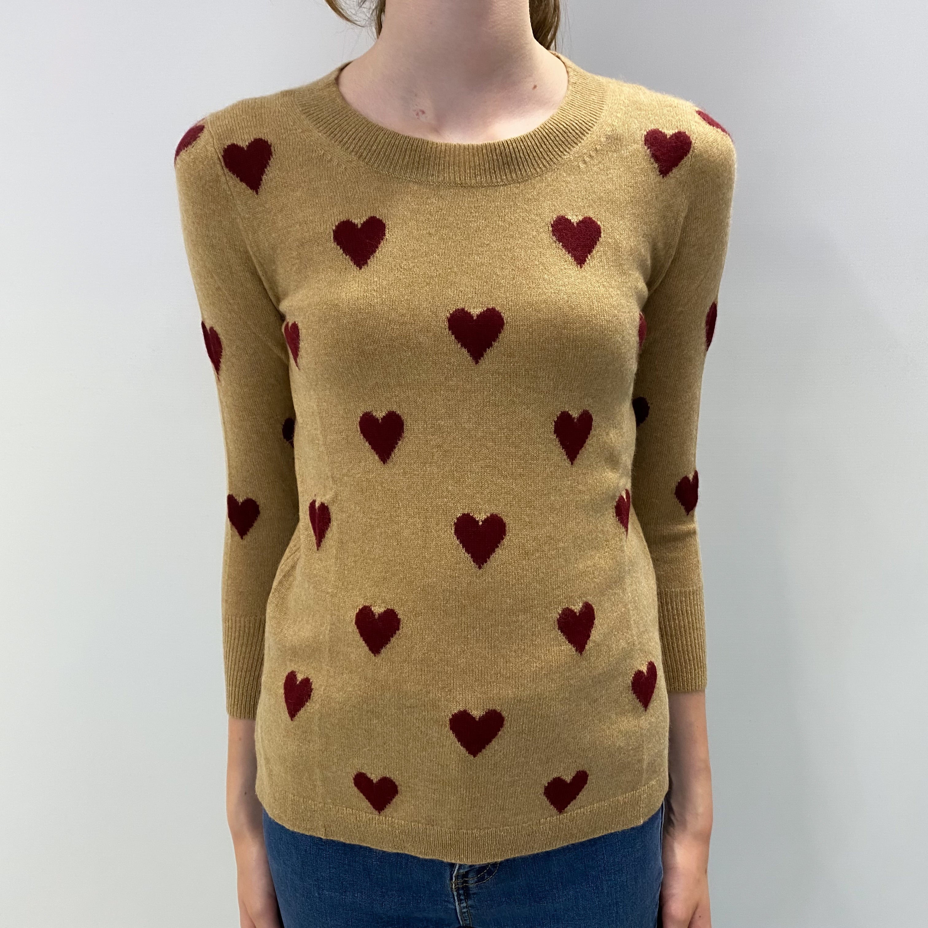 Honey Beige Hearts Pattern Cashmere Crew Neck Jumper Extra Small