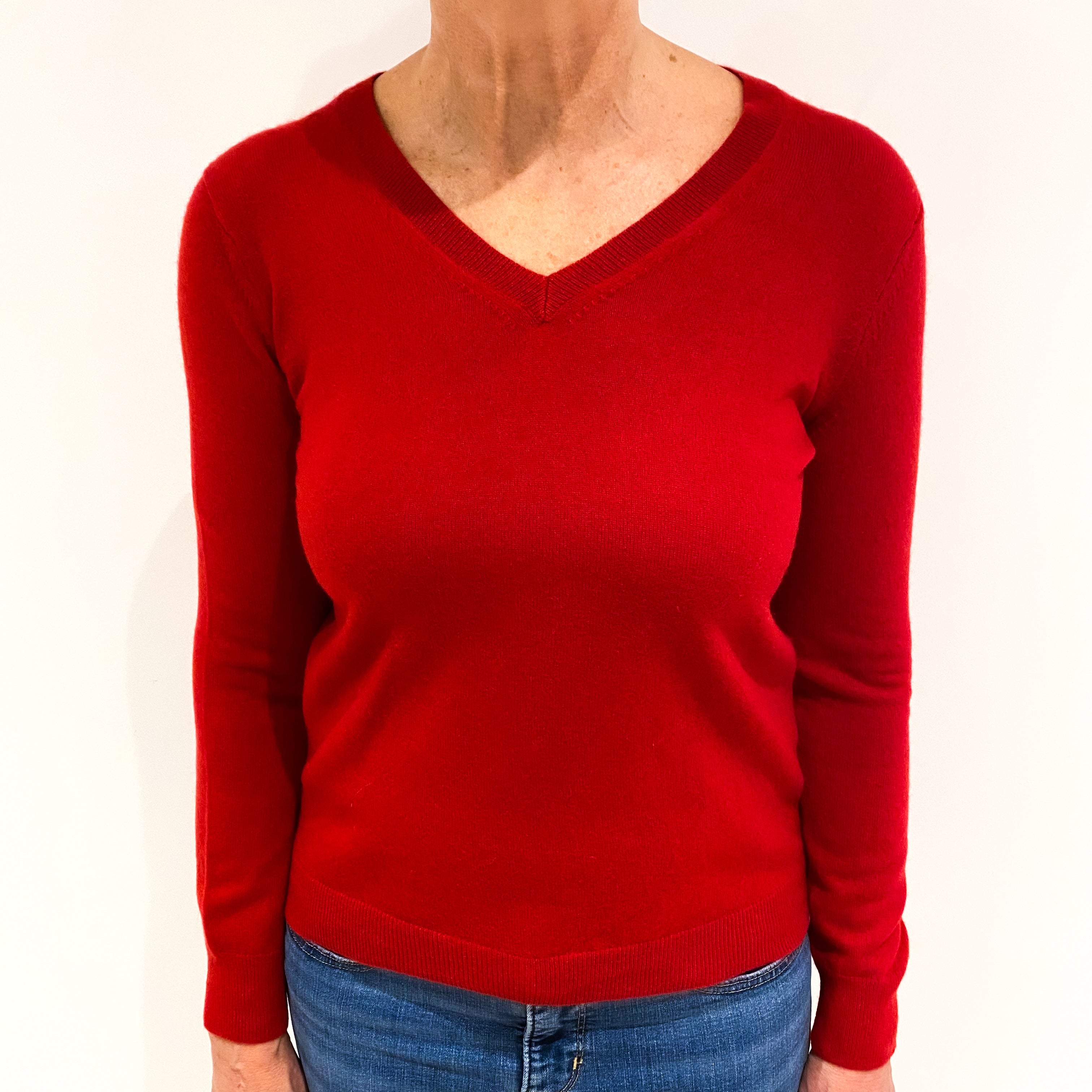 Post Box Red Cashmere V Neck Jumper Medium