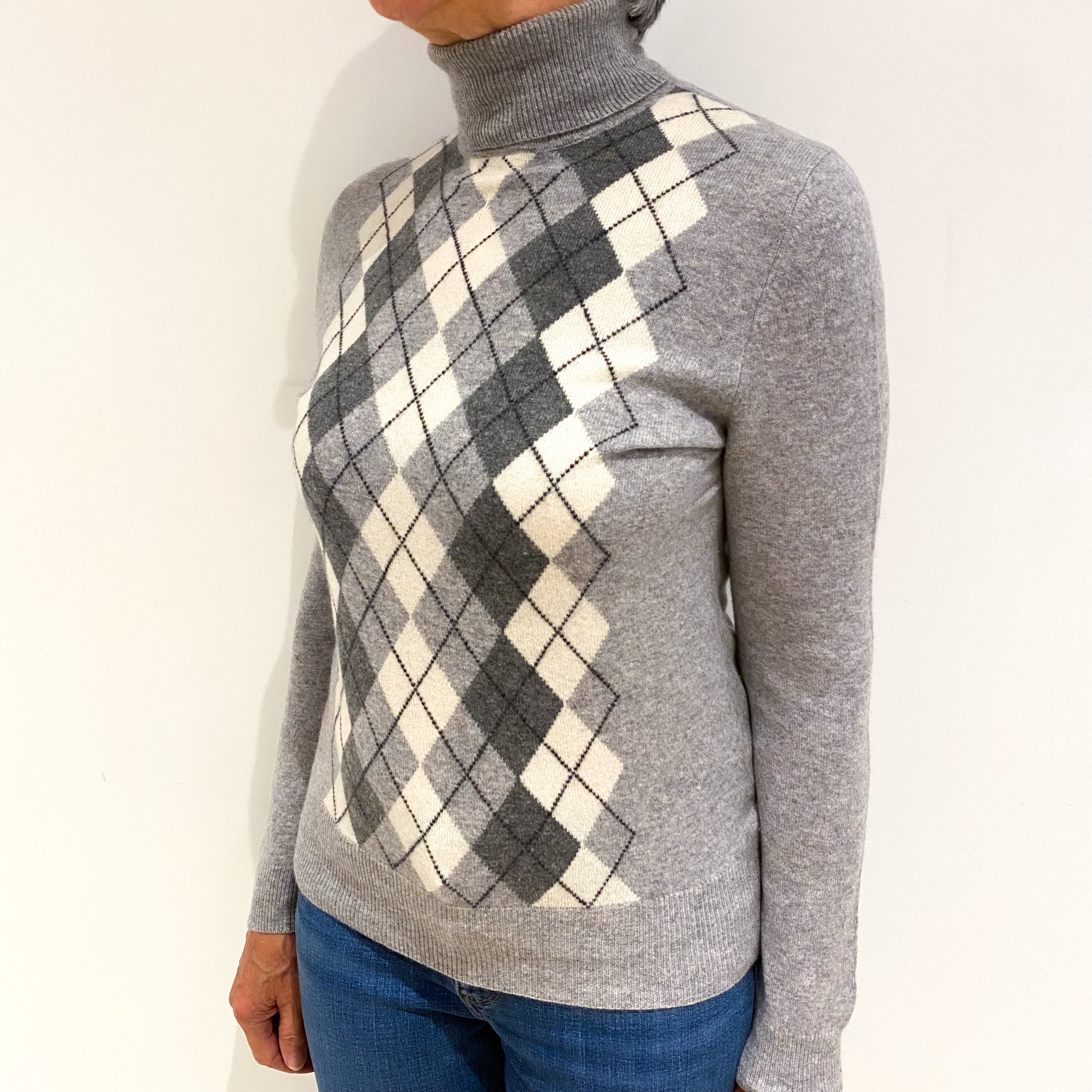 Smoke Grey Diamond Cashmere Polo Neck Jumper Medium