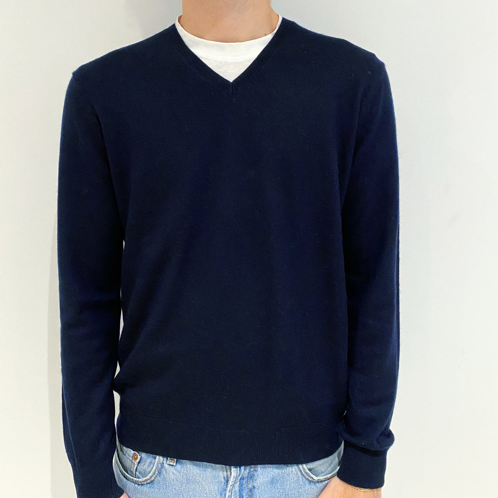 Men's Dark Navy Blue Cashmere V-Neck Jumper Large