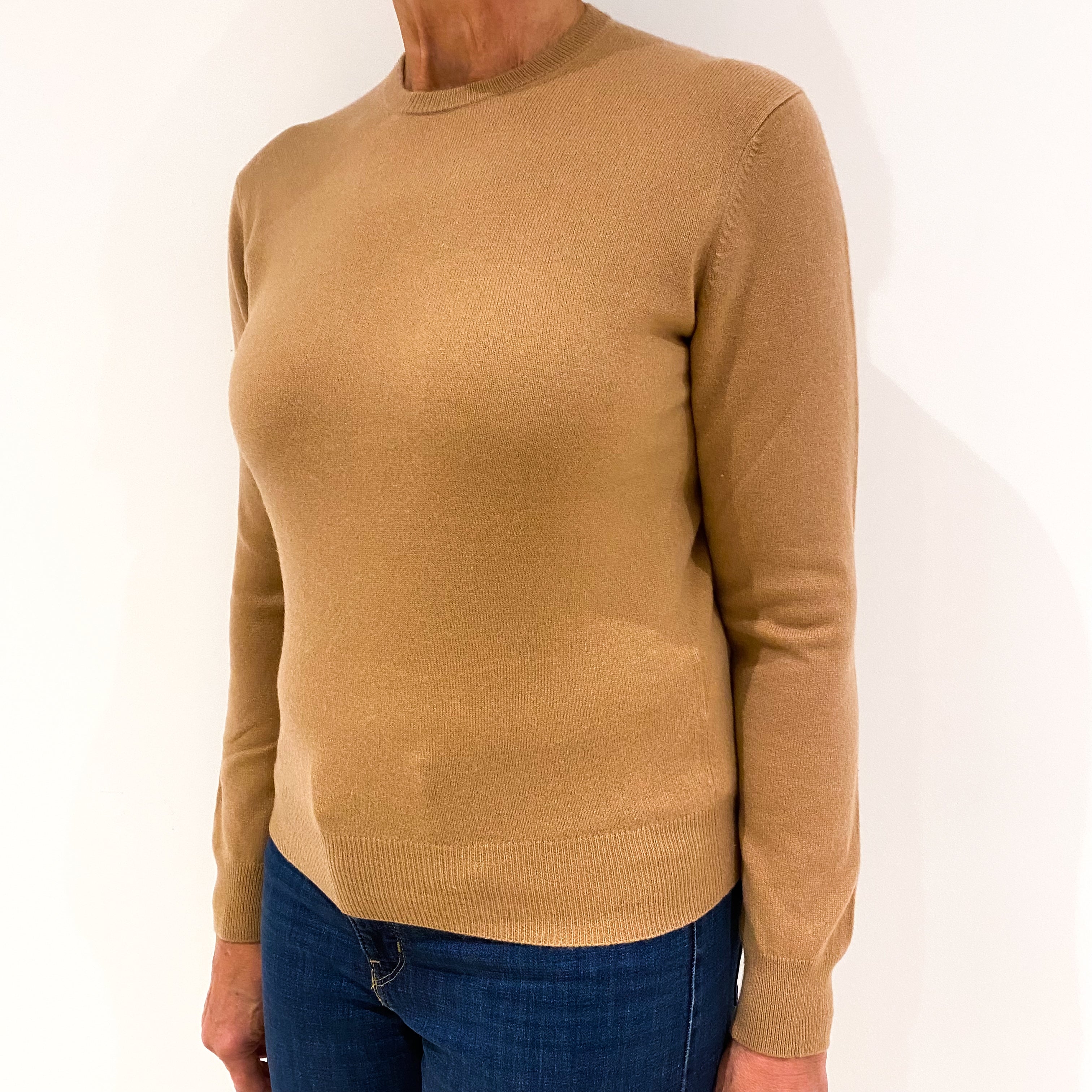 Camel Brown Cashmere Crew Neck Jumper Medium