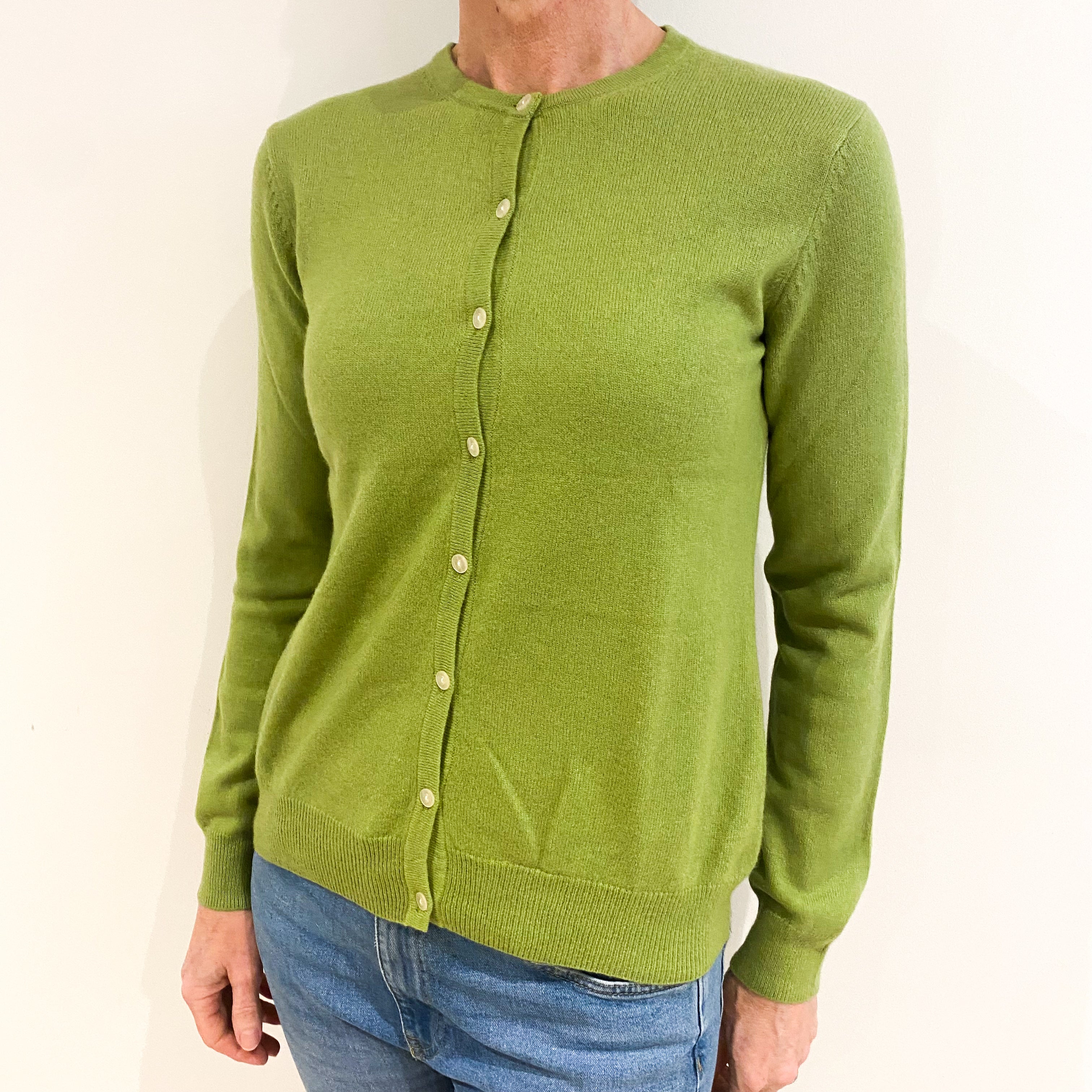 Bright Lime Green Cashmere Crew Neck Cardigan Small