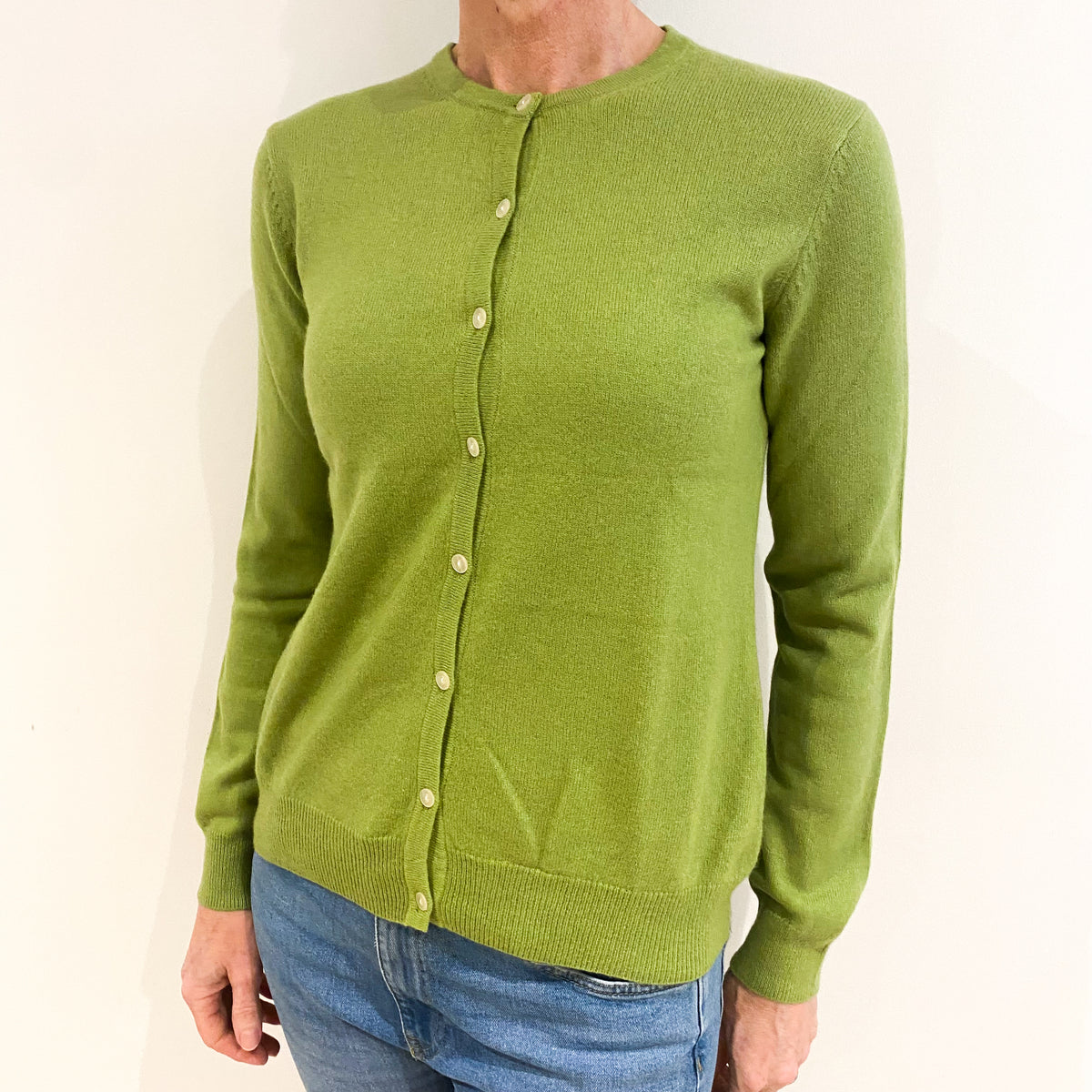 Bright Lime Green Cashmere Crew Neck Cardigan Small