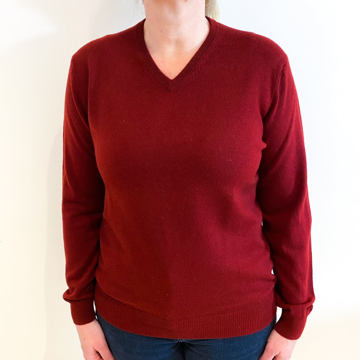 Maroon Red Cashmere V Neck Jumper Large