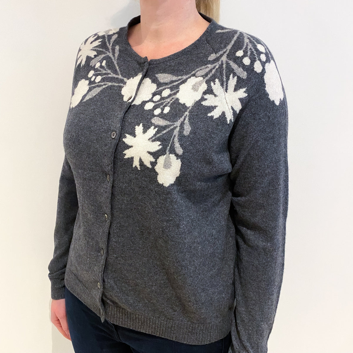 Slate Grey Floral Cashmere Crew Neck Cardigan Large