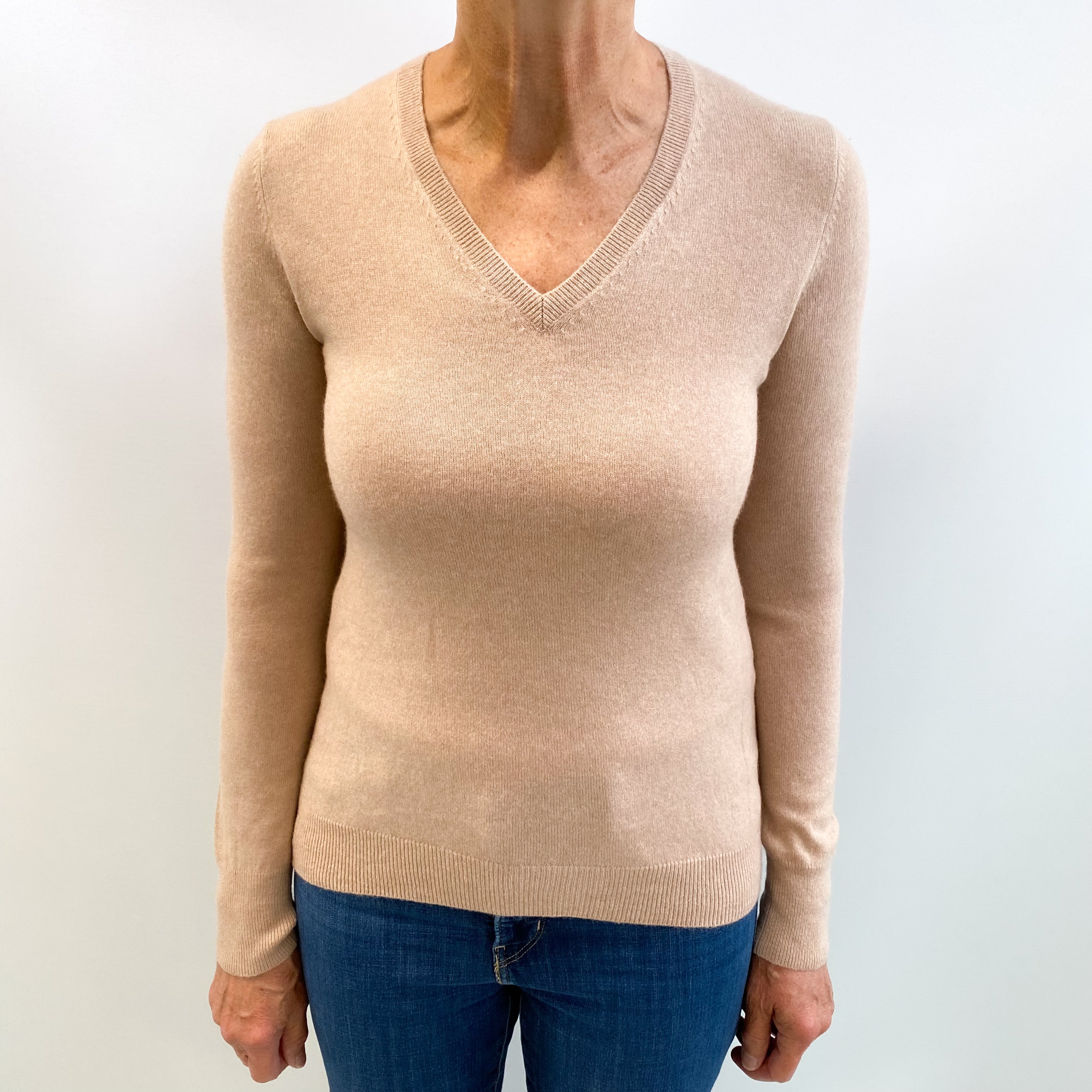 Buff Beige Cashmere V Neck Jumper Medium