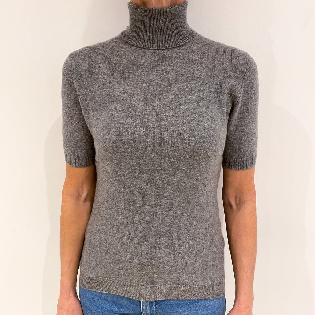 Steel Grey Cashmere Short Sleeved Polo Neck Jumper Small