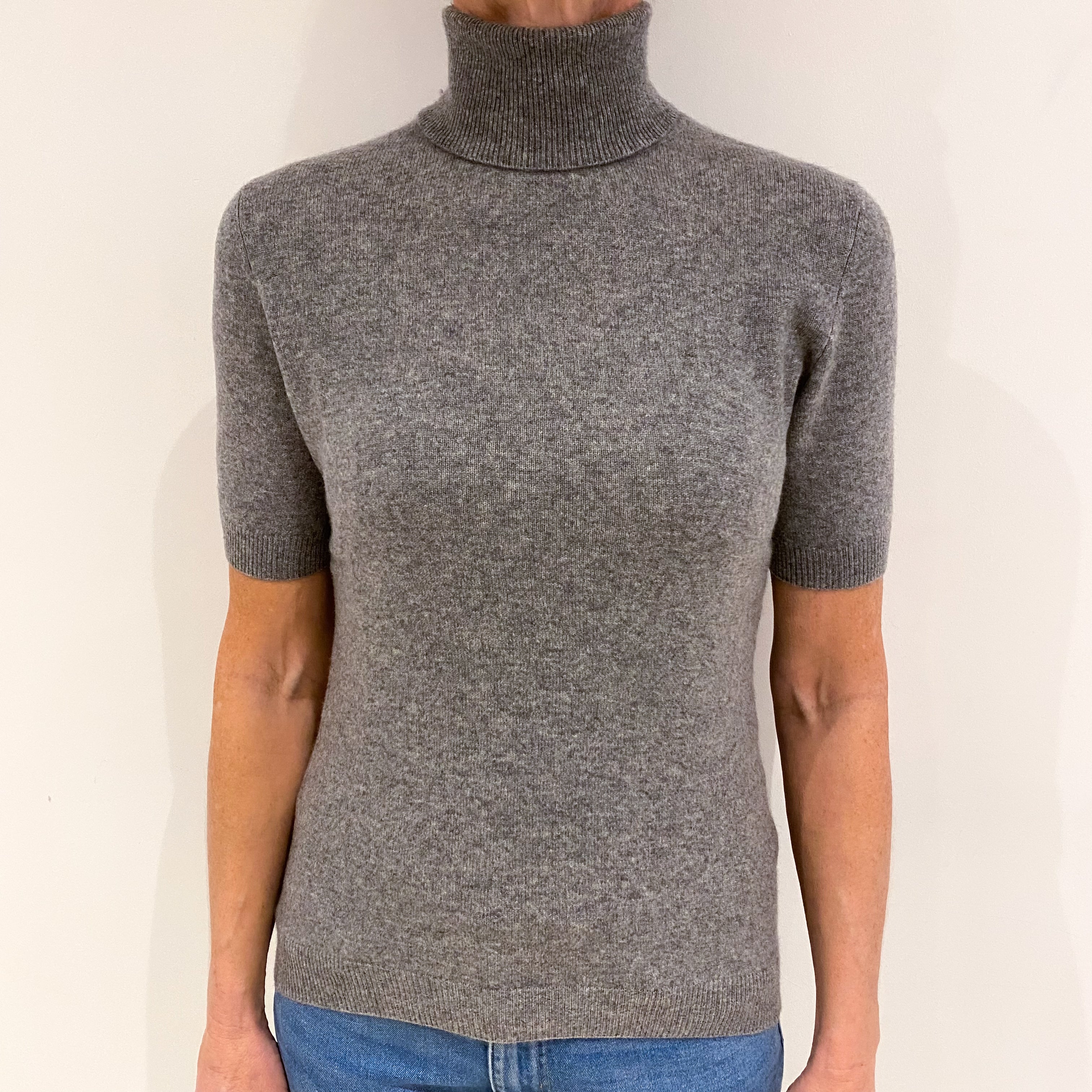 Steel Grey Cashmere Short Sleeved Polo Neck Jumper Small