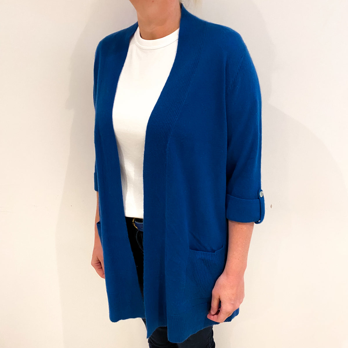 Teal Blue Cashmere 3/4 Sleeve Edge to Edge Cardigan Large