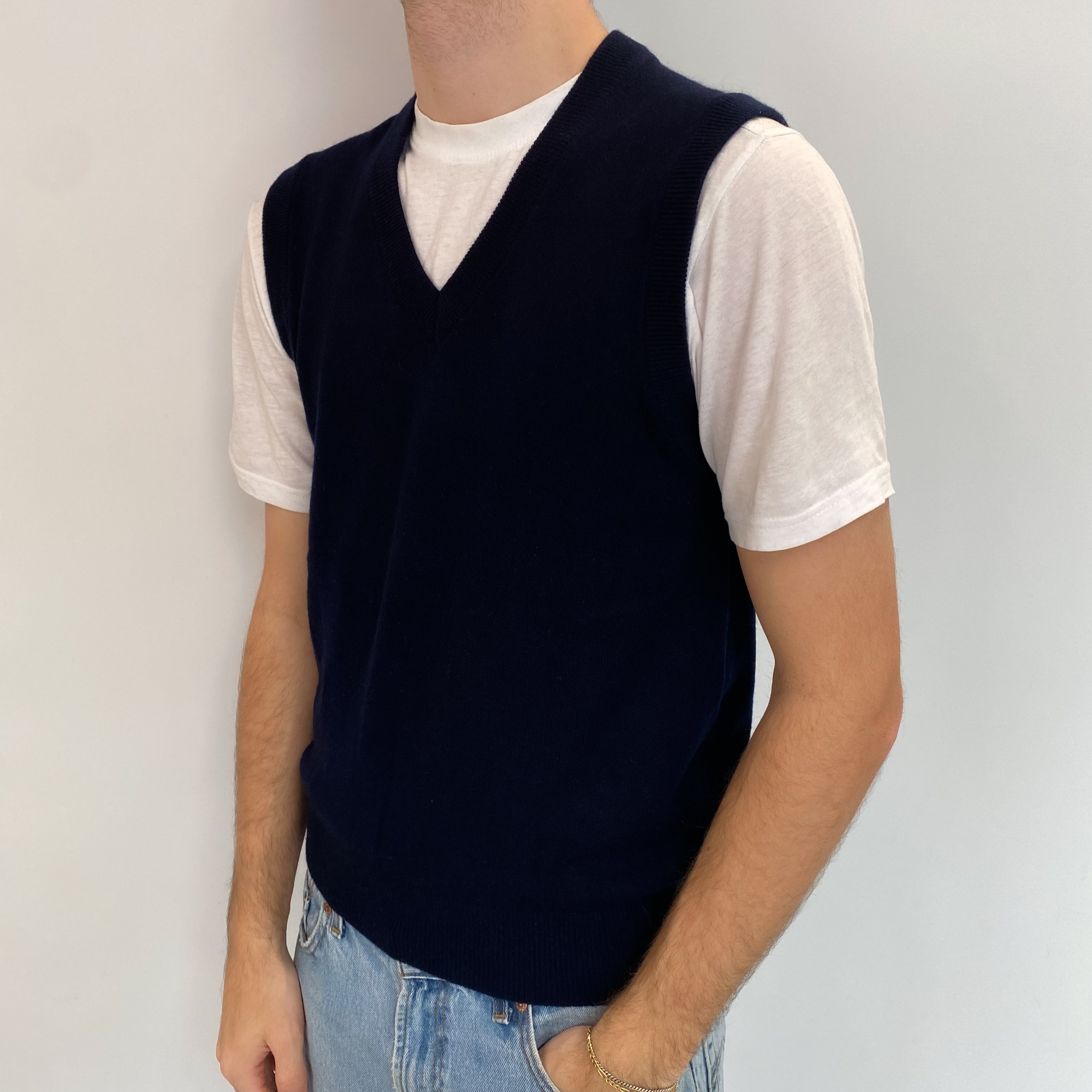 Men's Navy Cashmere V Neck Tank Top Medium