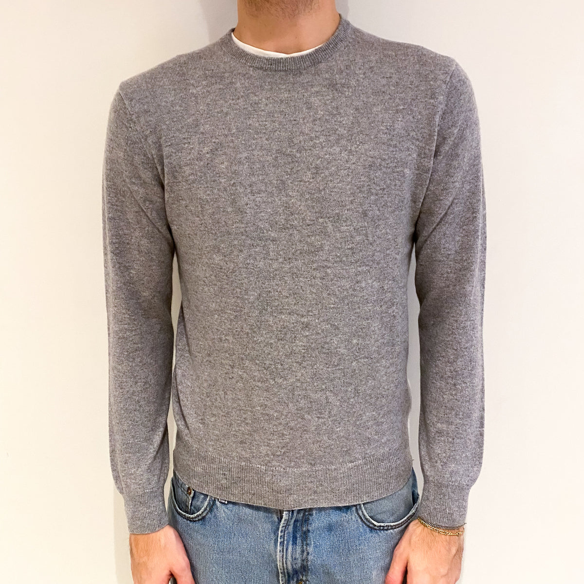 Men's Ash Grey Cashmere Crew Neck Jumper Medium
