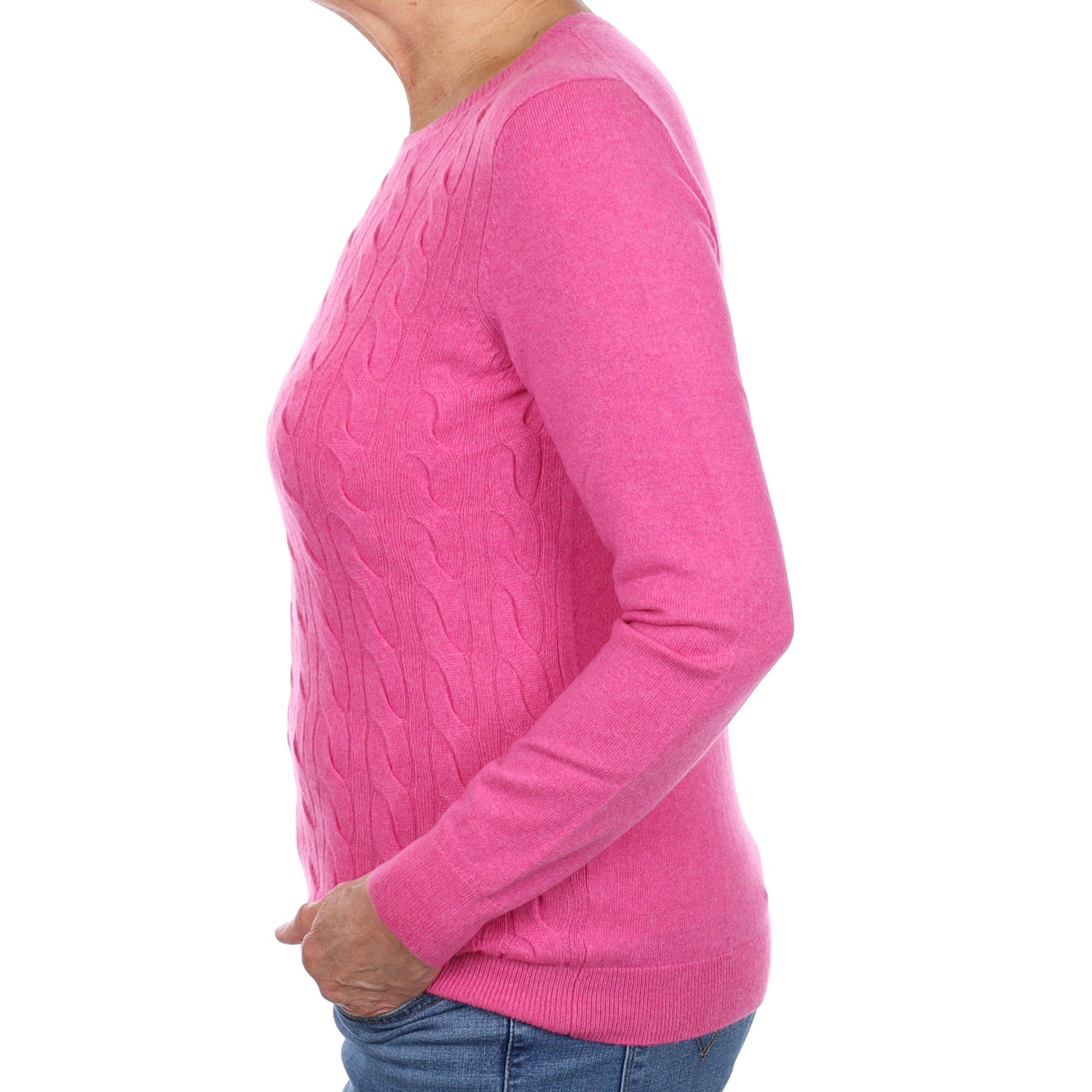 Tulip Pink Cable Front Cashmere Crew Neck Jumper Medium