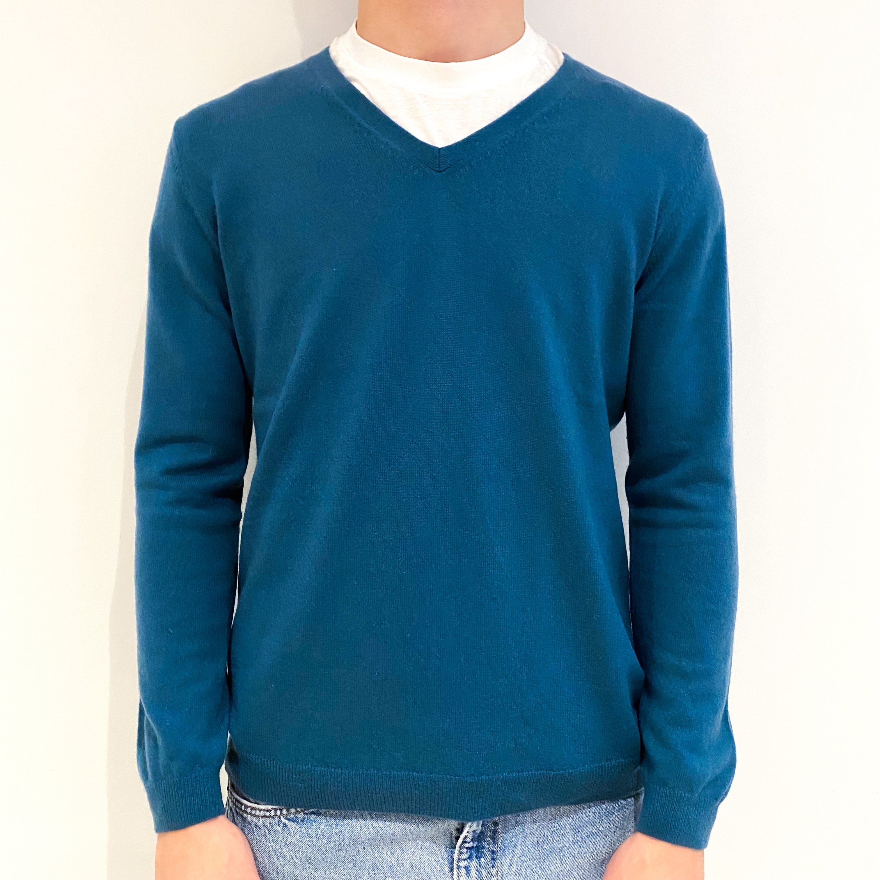 Men's Petrol Blue Cashmere V-Neck Jumper Large