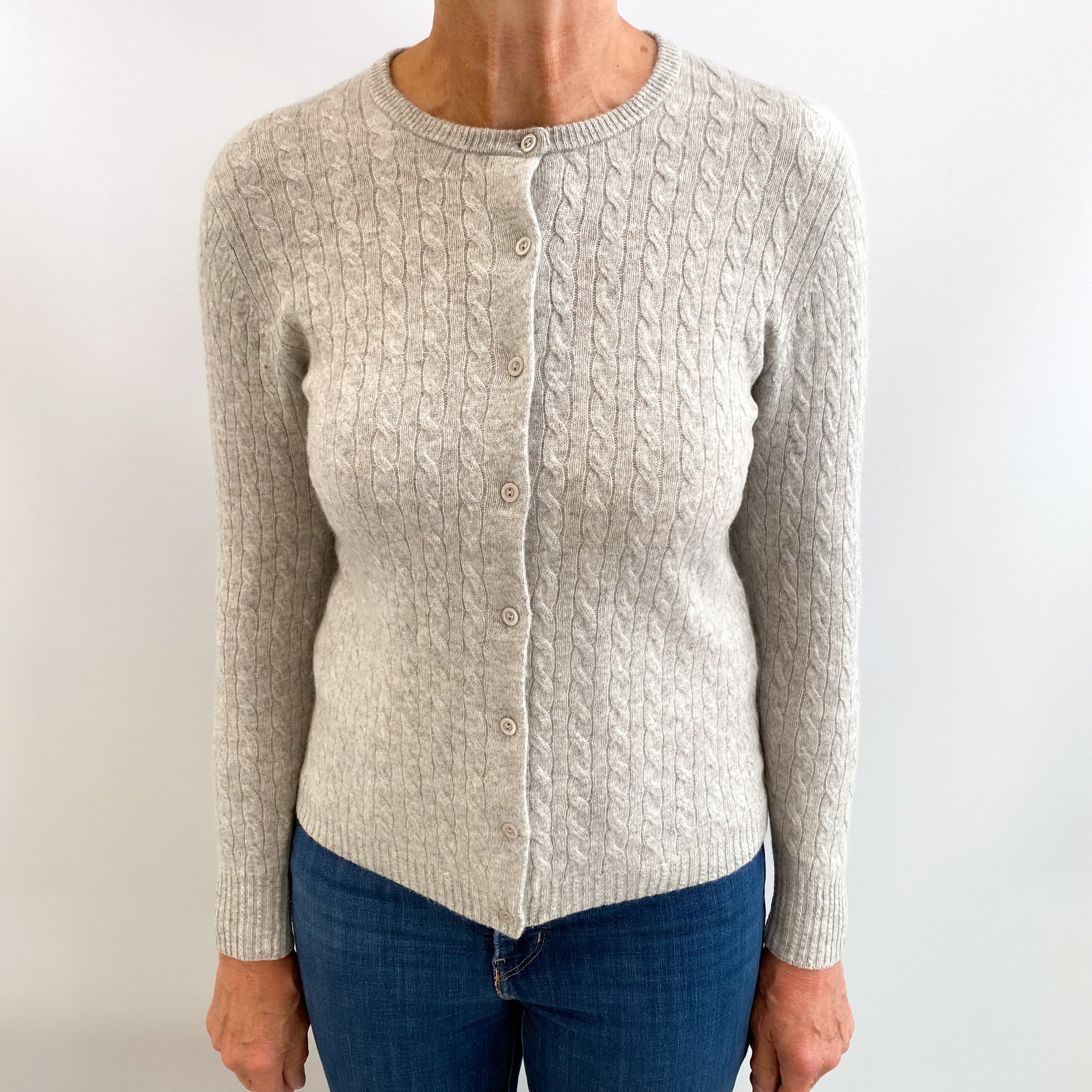 Smoke Grey Cashmere Crew Neck Cable Knit Cardigan Medium