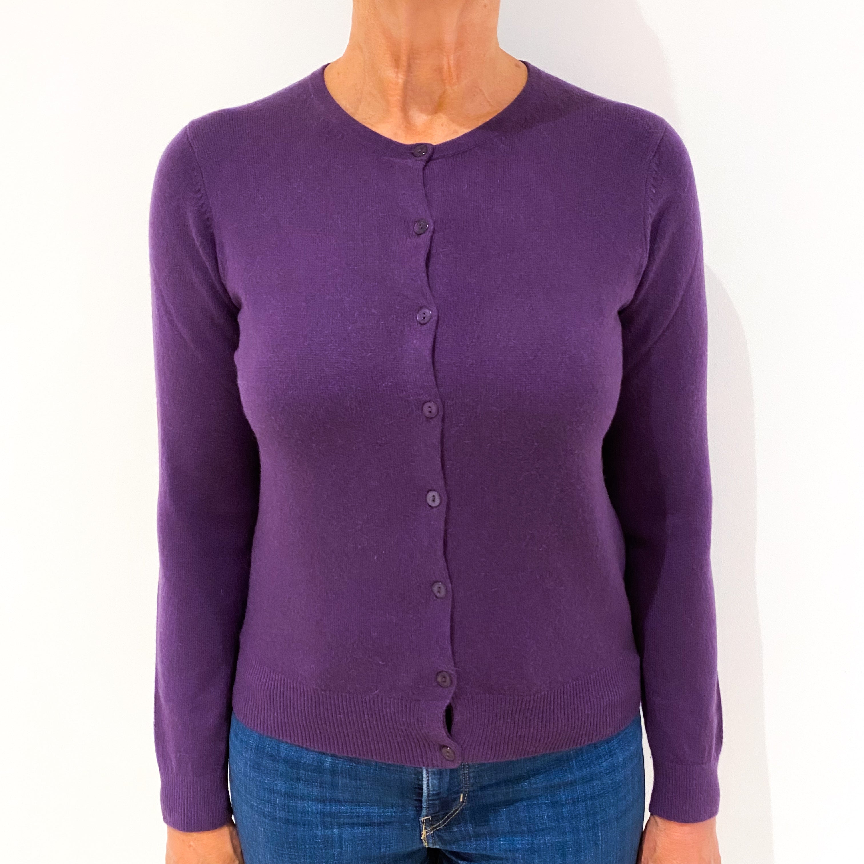 Plum Purple Cashmere Crew Neck Cardigan Medium
