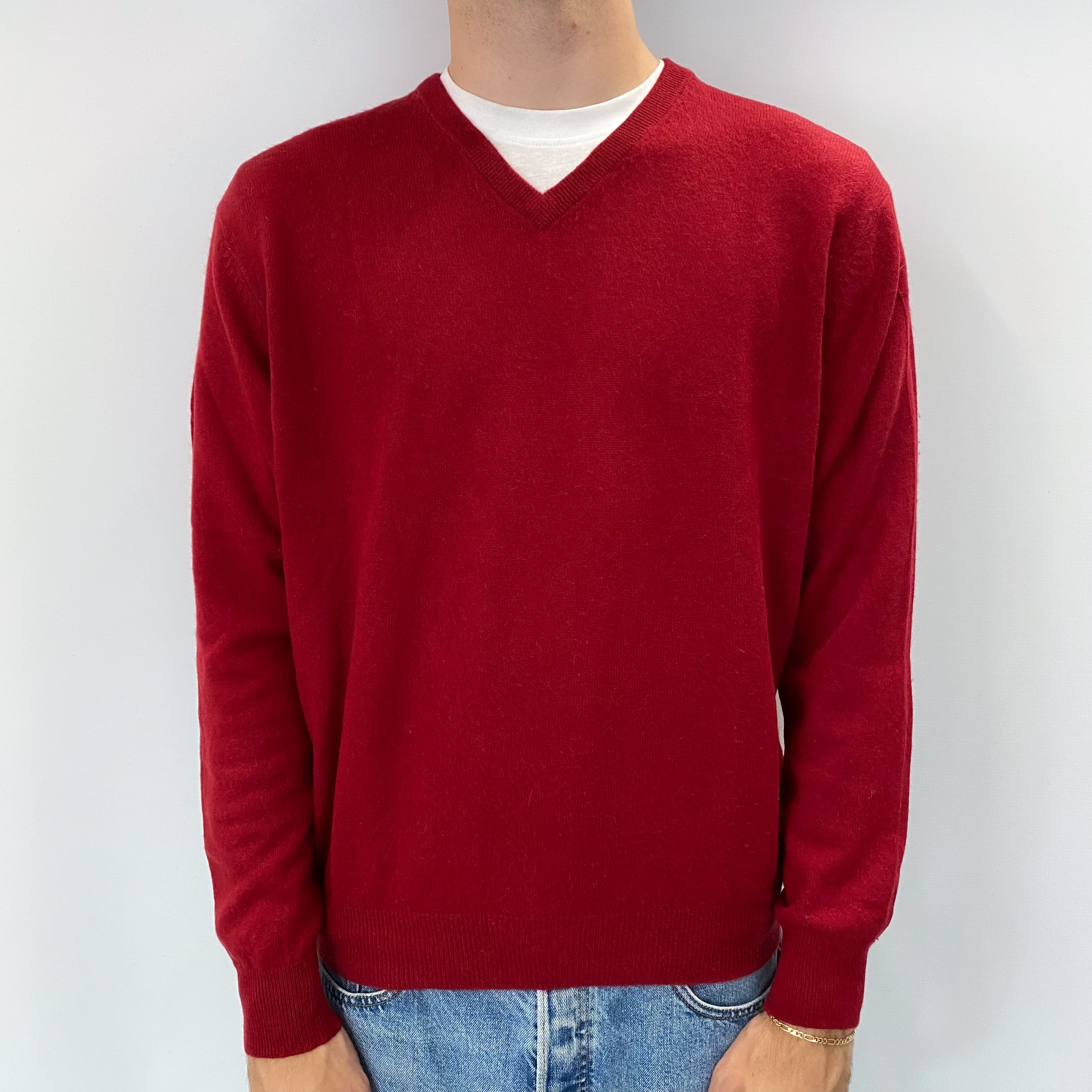Men's Post Box Red Cashmere V Neck Jumper Large