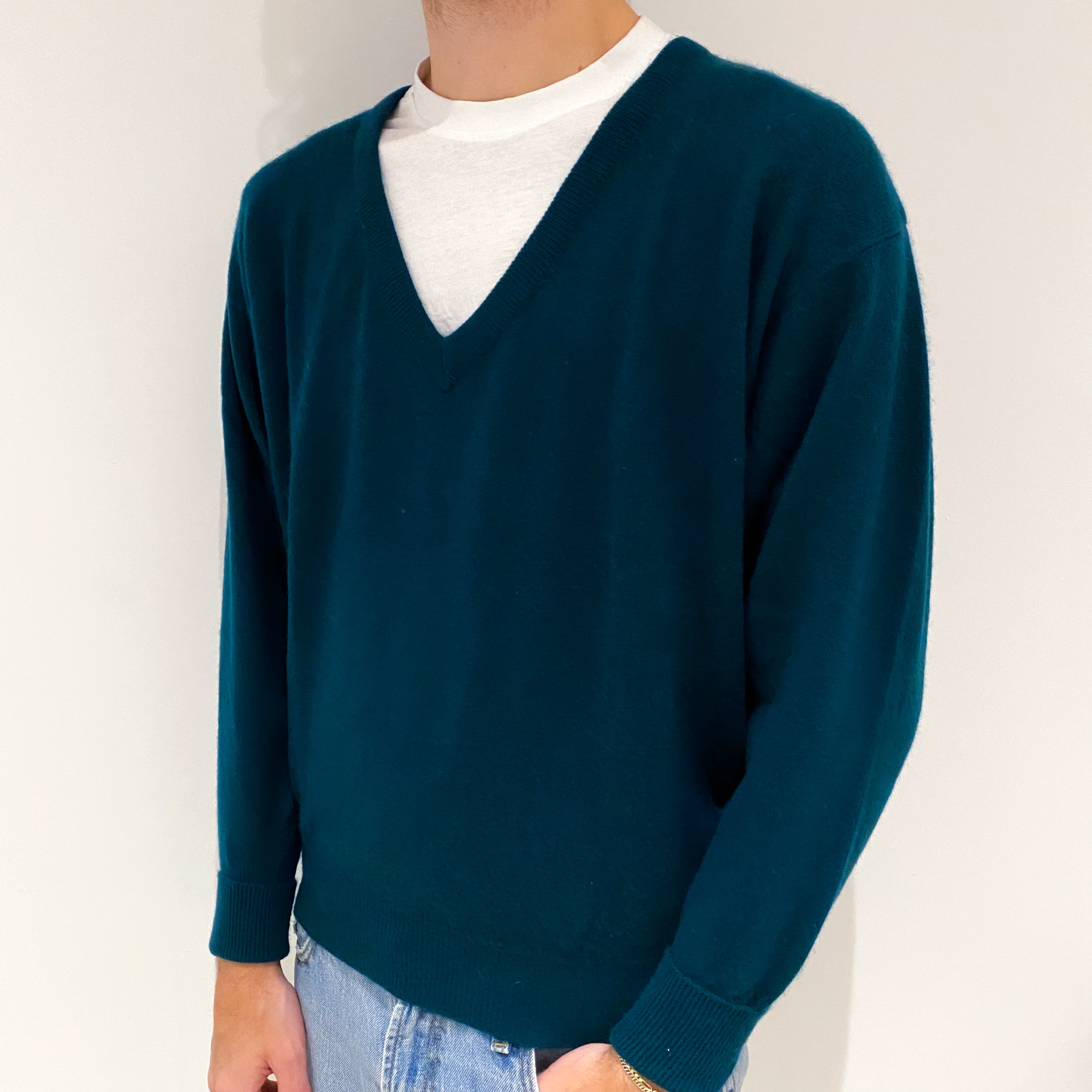 Men's Forest Green Cashmere V-Neck Jumper Large