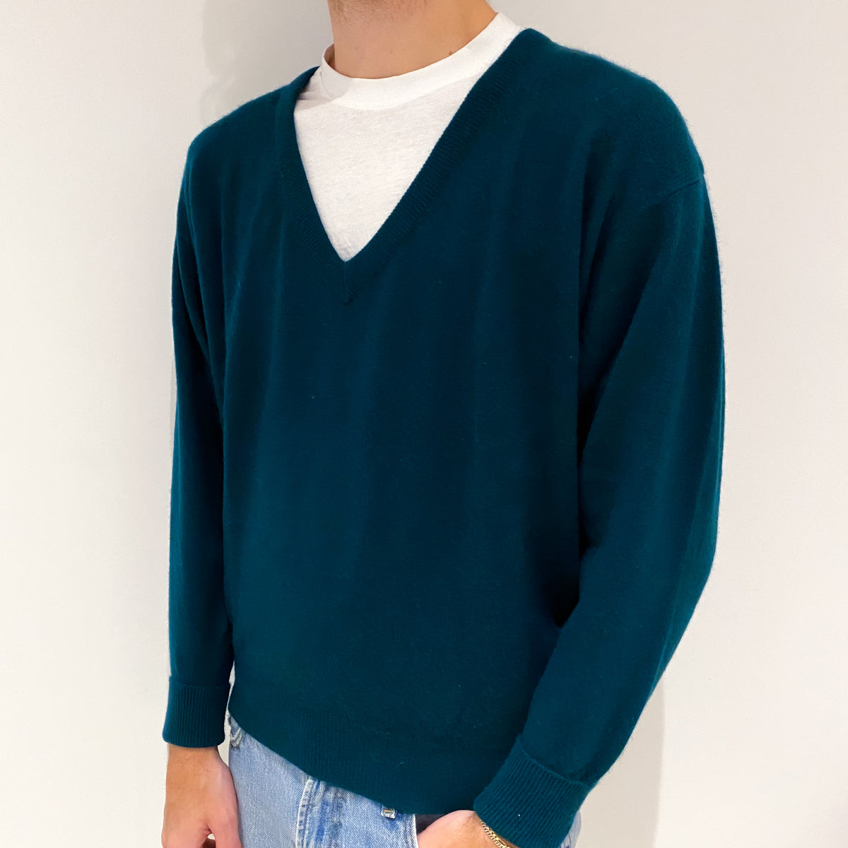 Men's Forest Green Cashmere V-Neck Jumper Large