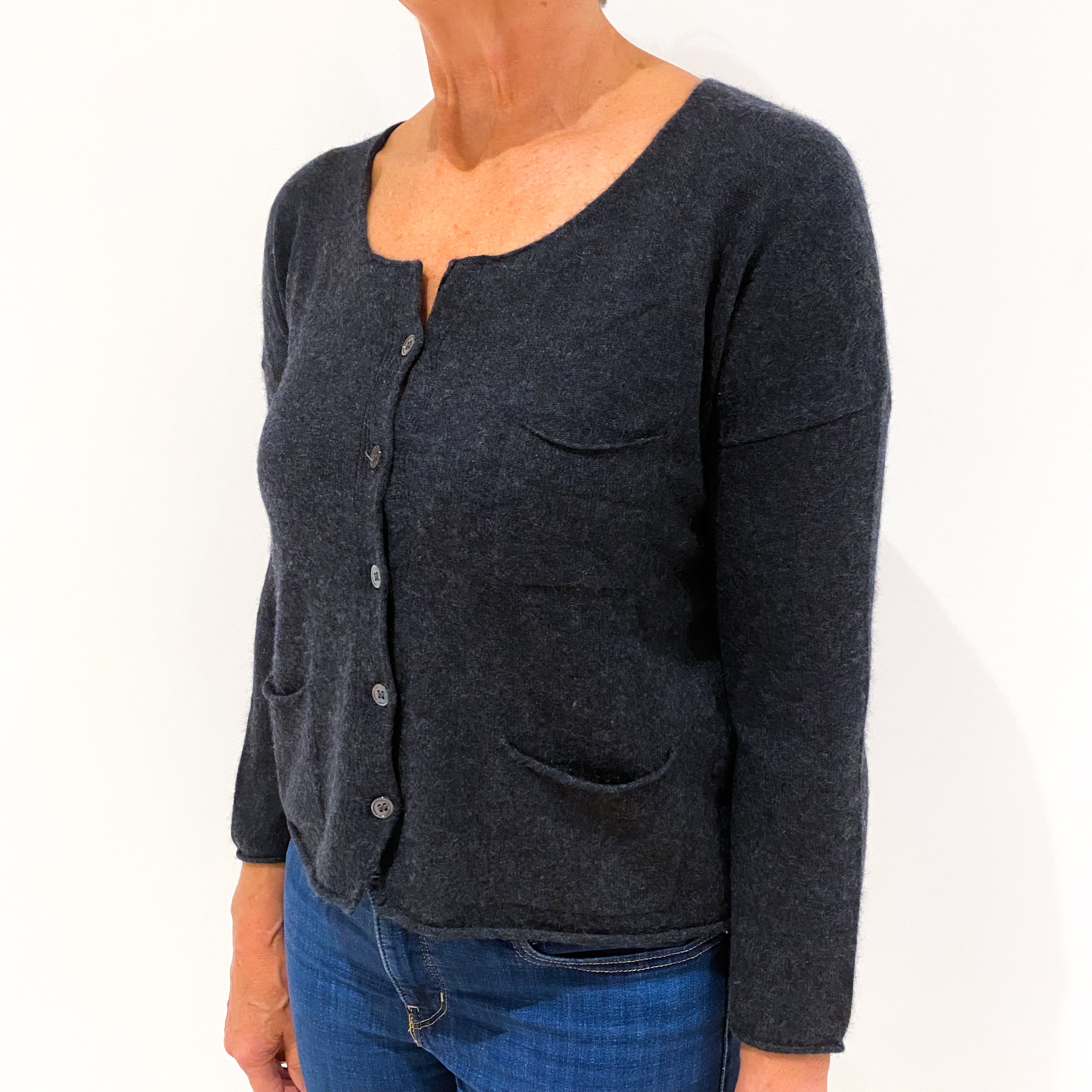 Charcoal Grey Cashmere Crew Neck Cardigan Medium