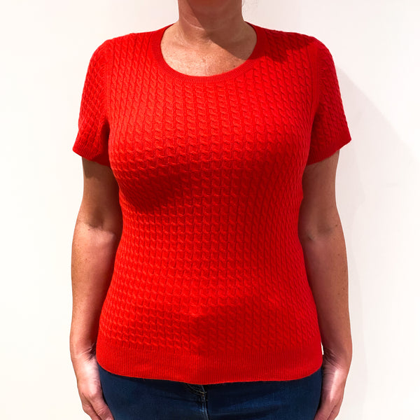 Post Box Red Cable Front Short Sleeved Cashmere Jumper Large