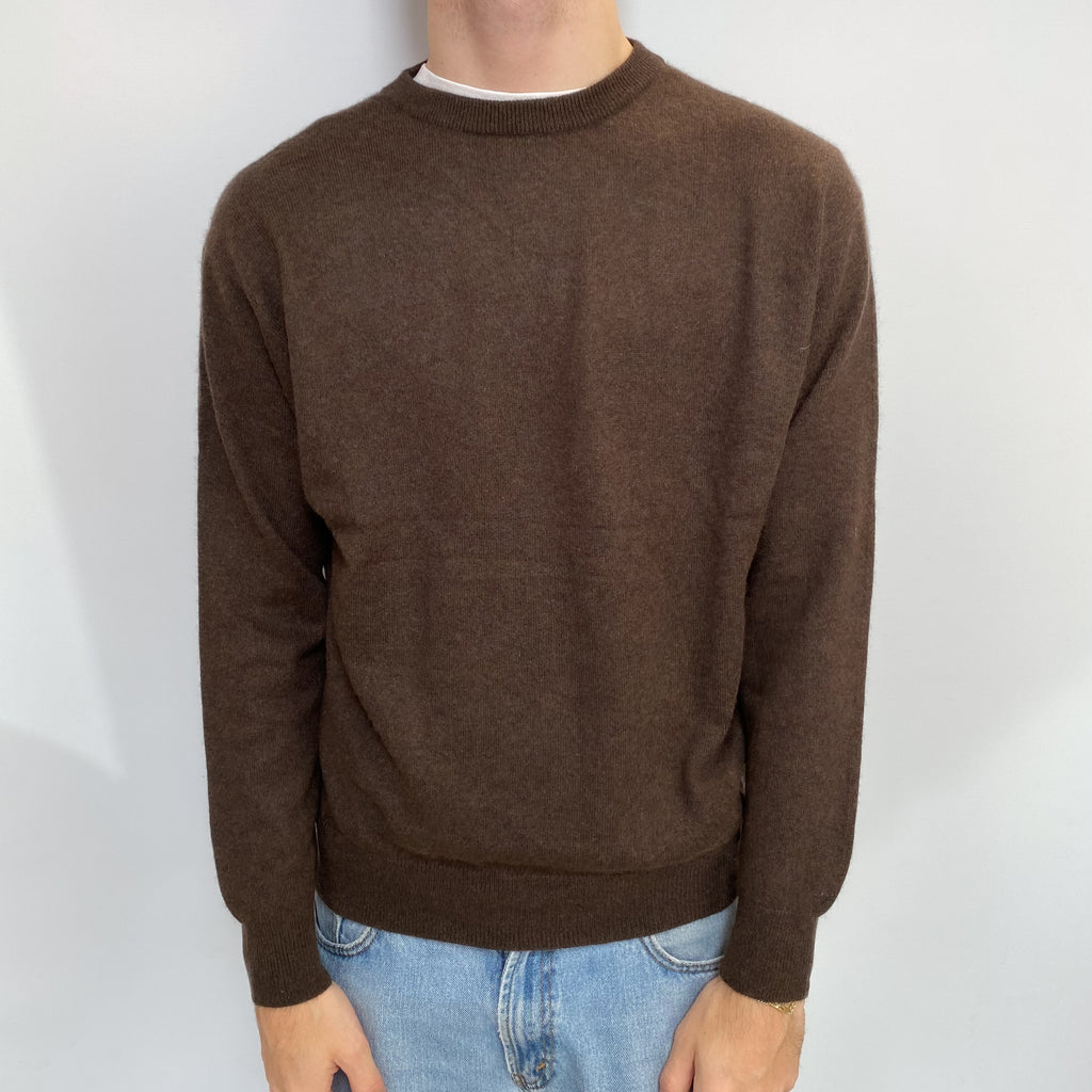 Men's Mole Brown Cashmere Crew Neck Jumper Large