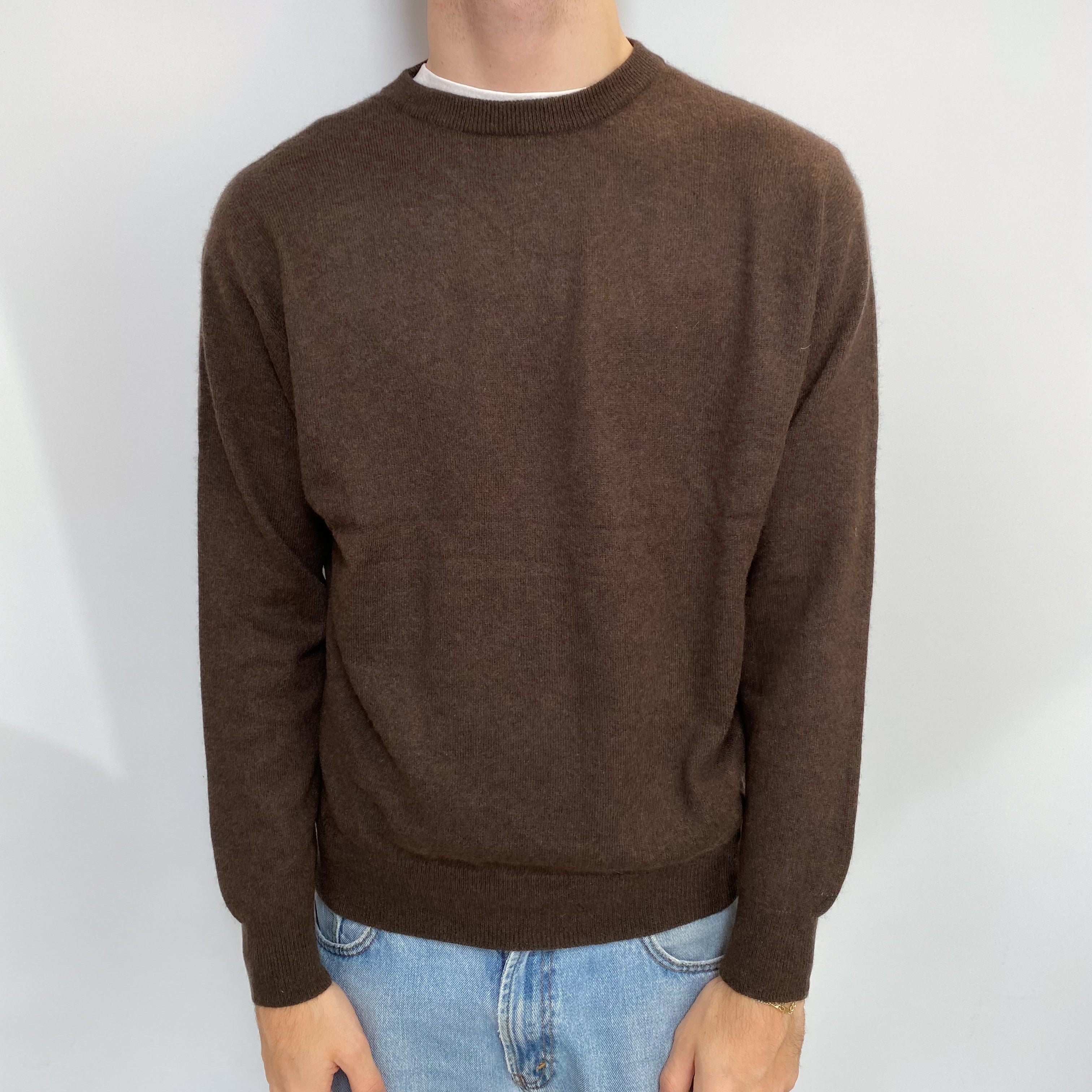 Men's Mole Brown Cashmere Crew Neck Jumper Large