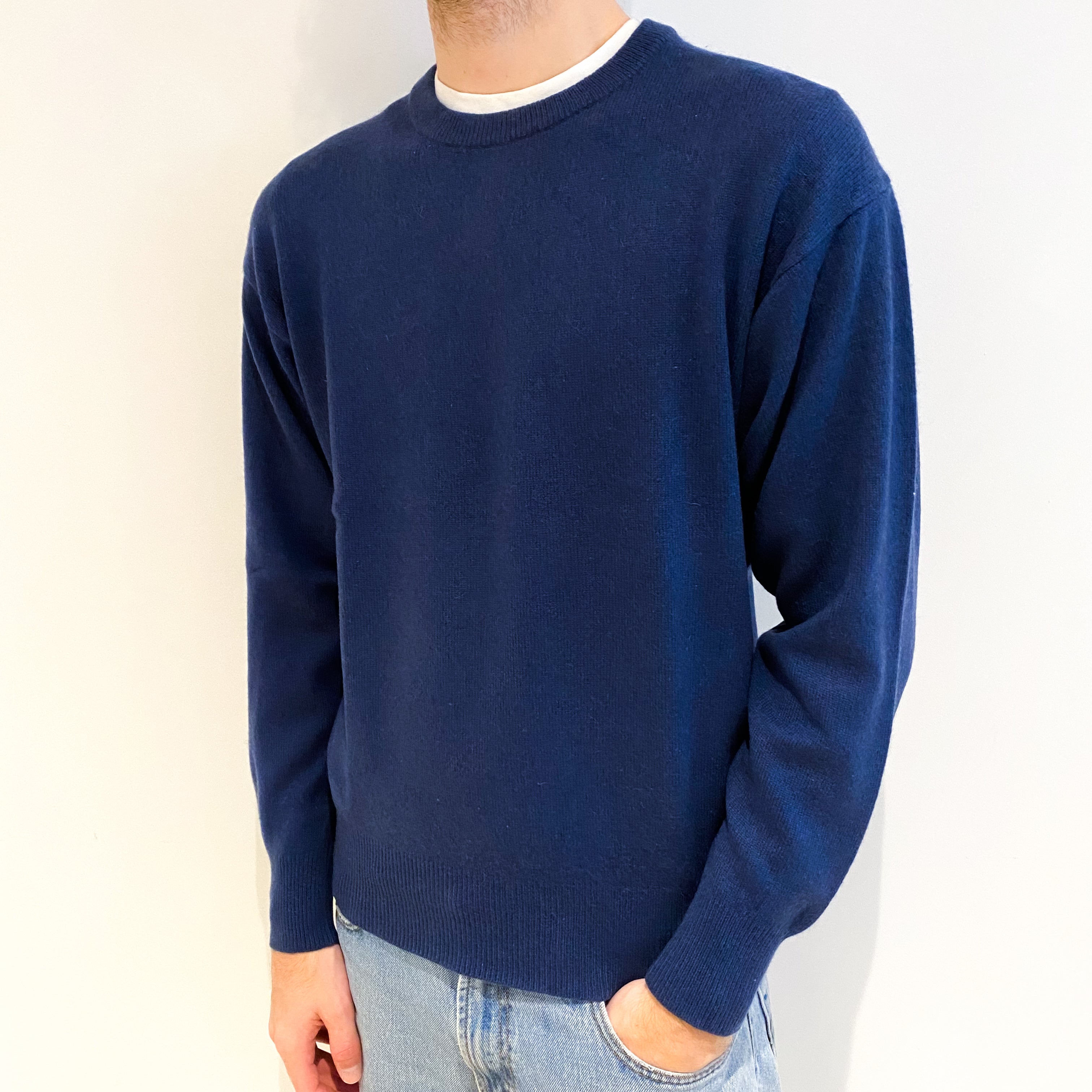 Men's Naval Blue Cashmere Crew Neck Jumper Large