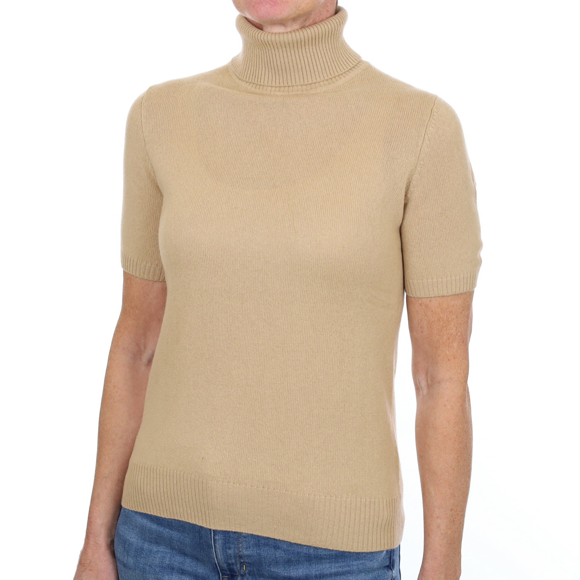 Caramel Brown Cashmere Polo Neck Short Sleeved Jumper Small
