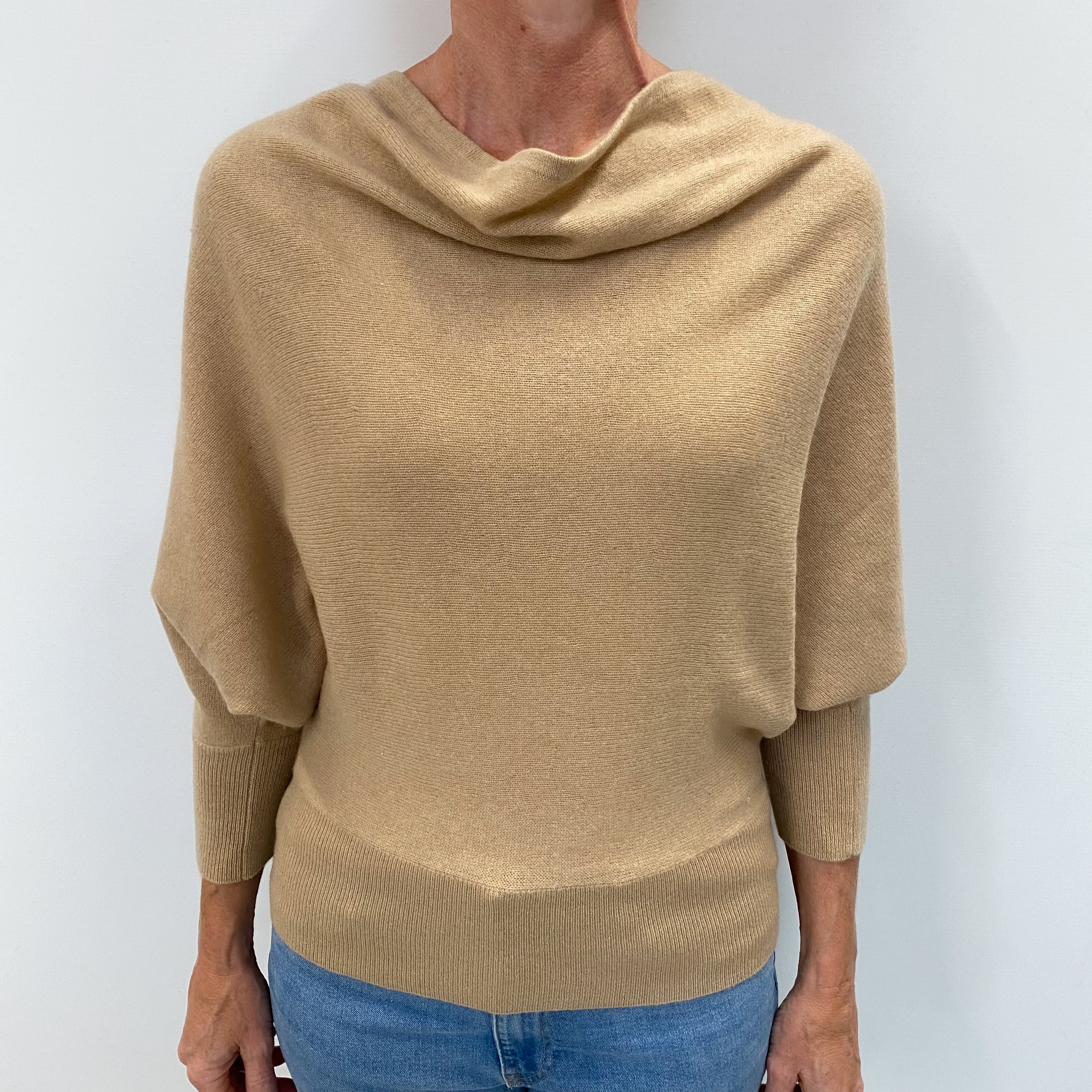 Neiman Marcus Caramel Beige Cashmere Cowl Neck Jumper Small