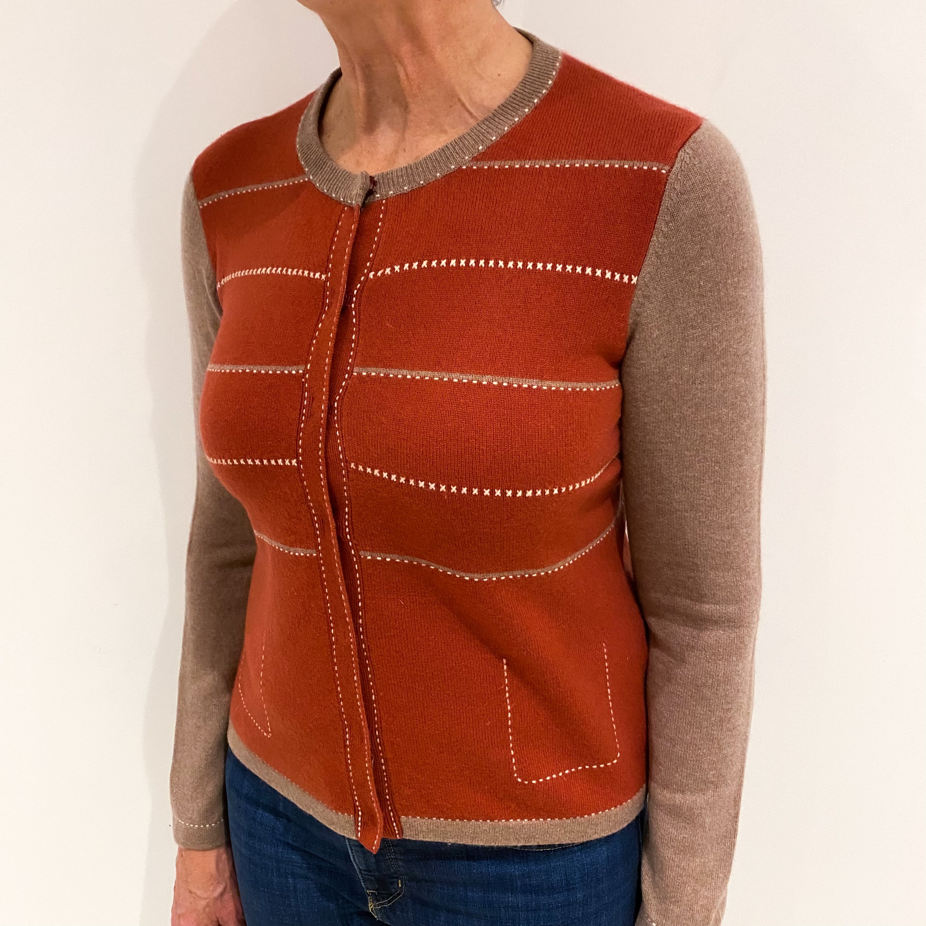 Rust Red and Camel Cashmere Crew Neck Cardigan Medium
