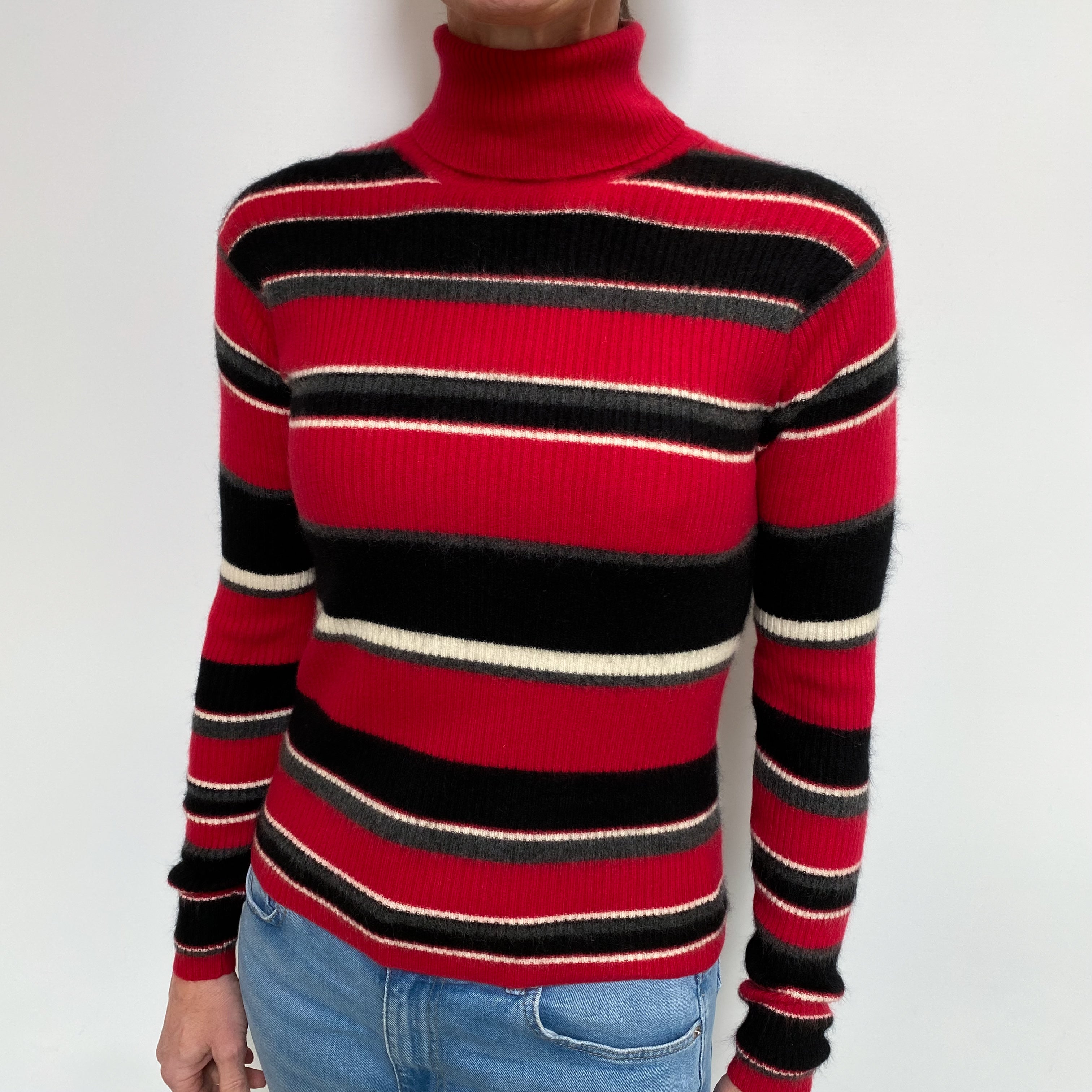 Berry Red Striped Cashmere Polo Neck Jumper Small
