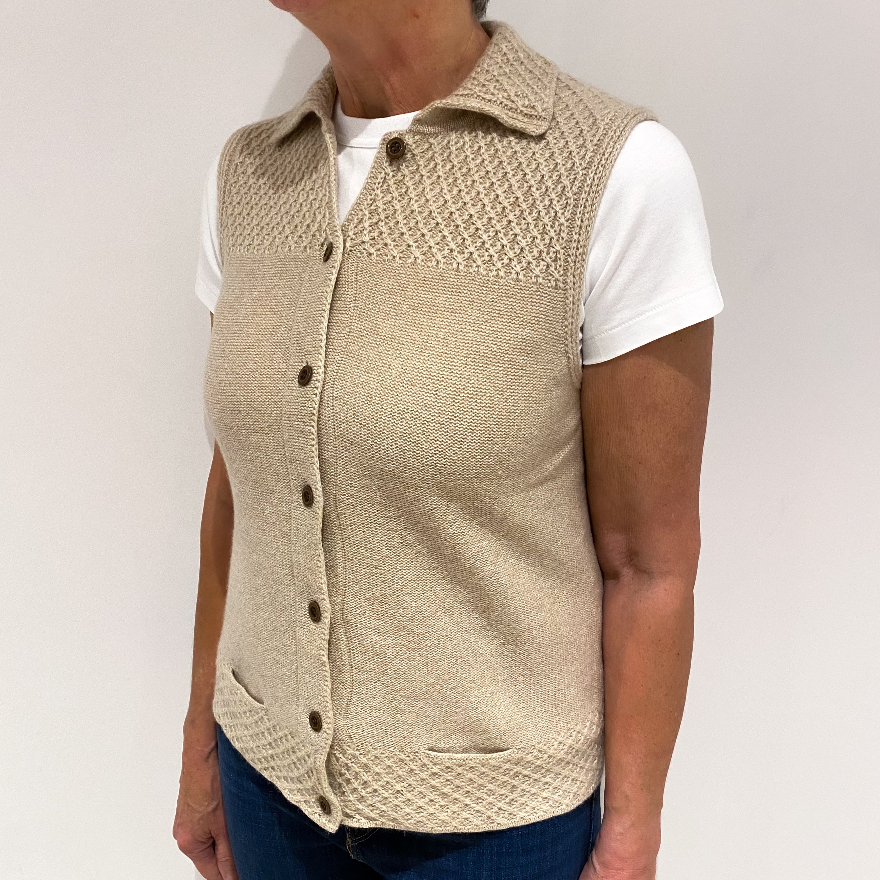 Honey Cream Cashmere Short Sleeved Collared Cardigan Medium