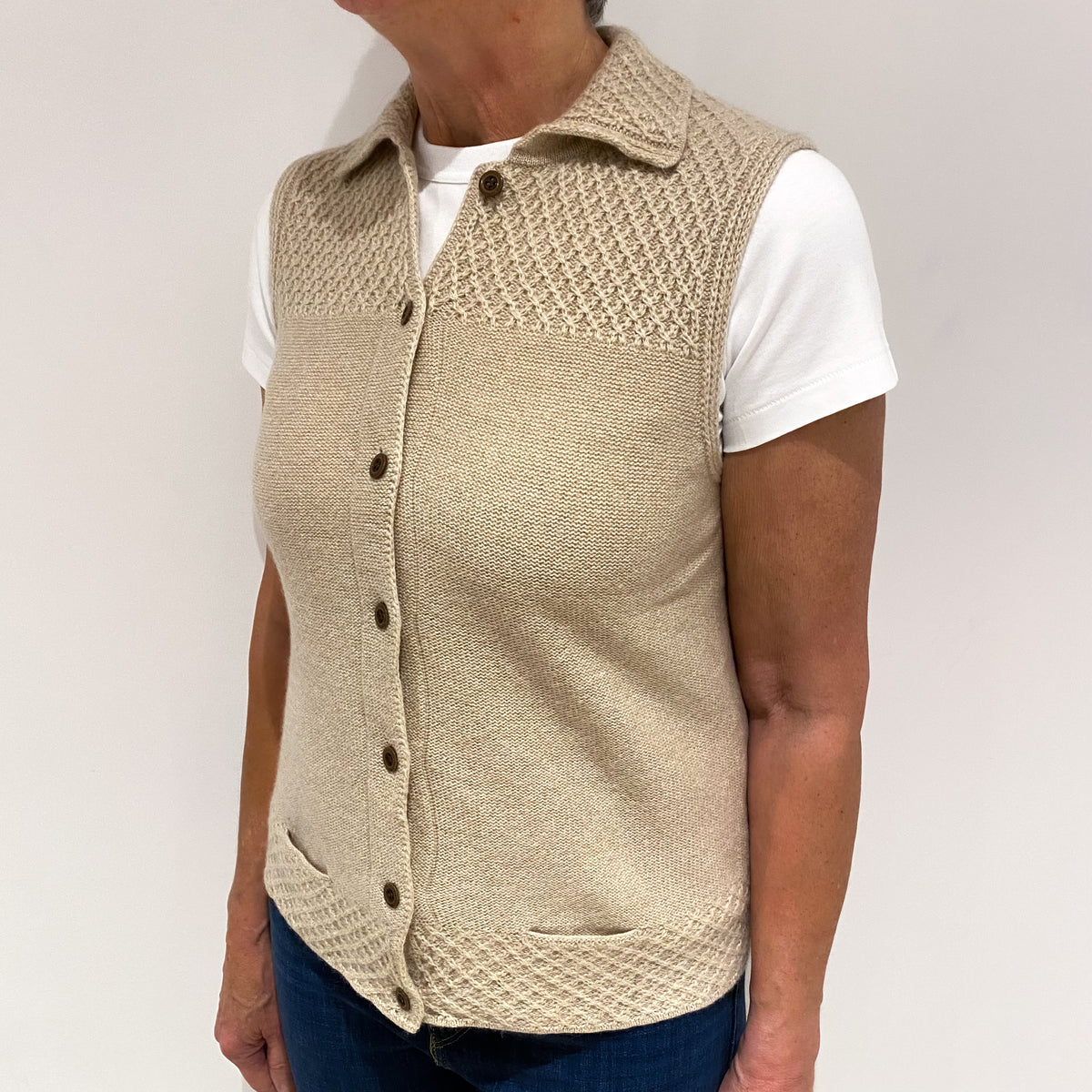 Honey Cream Cashmere Short Sleeved Collared Cardigan Medium