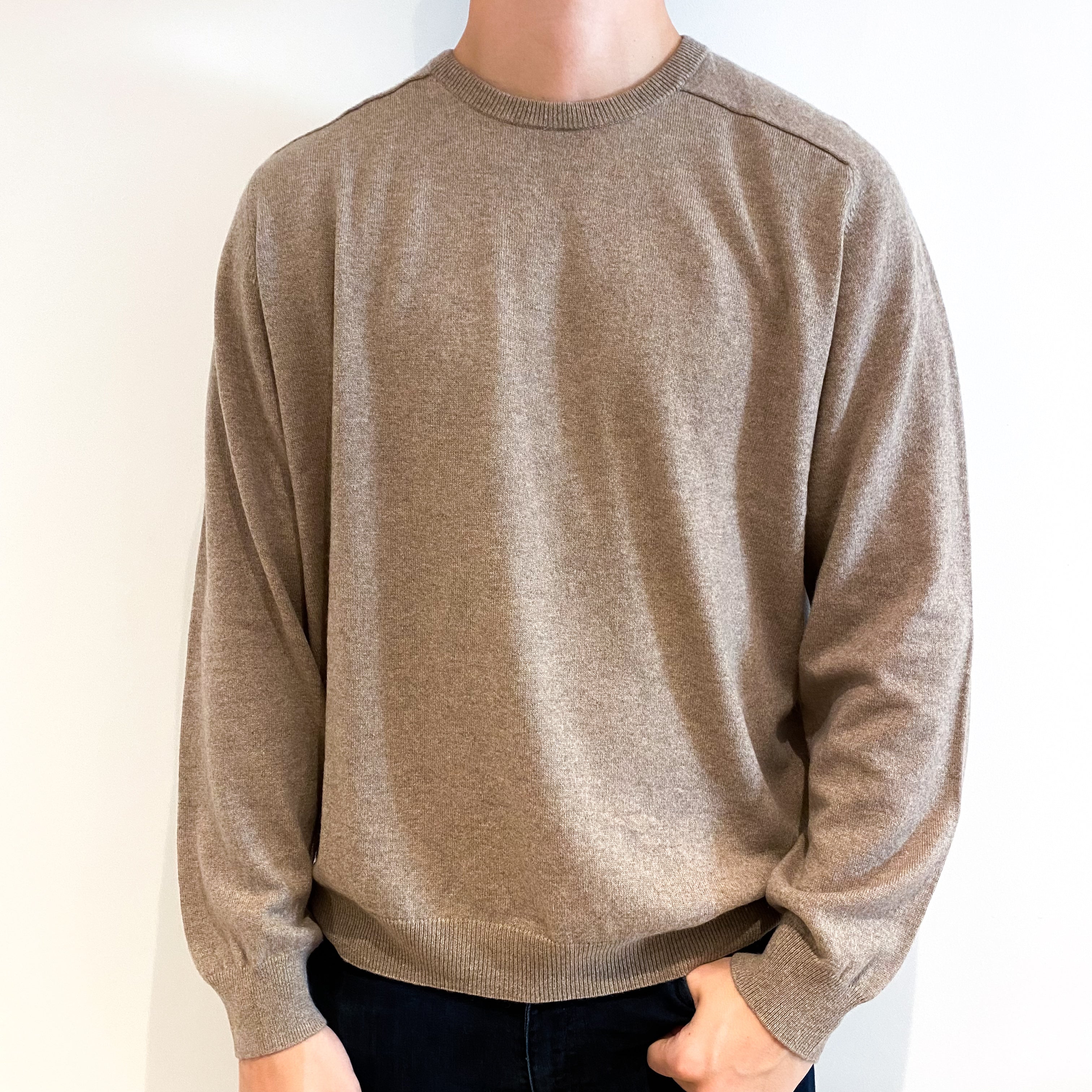 Men's Biscuit Brown Cashmere Crew Neck Jumper Extra Extra Large