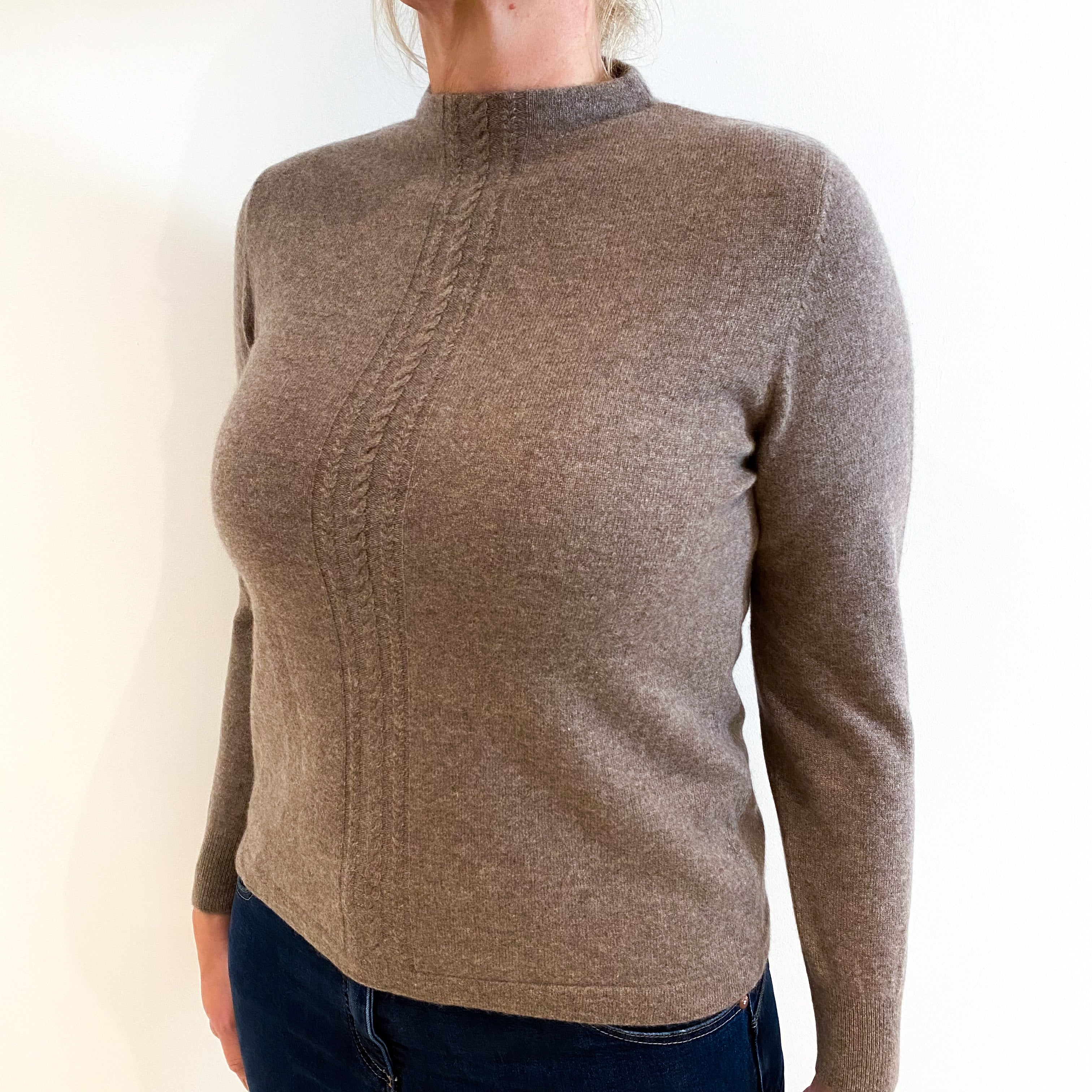 Taupe Brown Front Cable Detail Cashmere Crew Neck Jumper Large