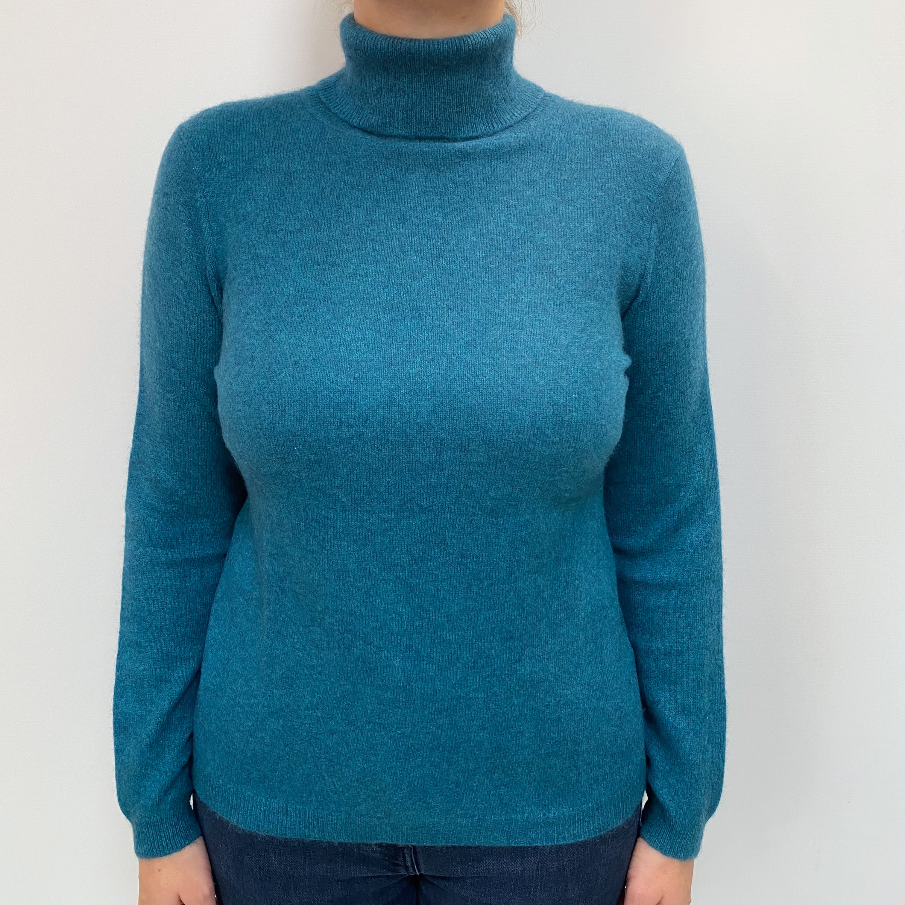 Deep Teal Blue Cashmere Polo Neck Jumper Large