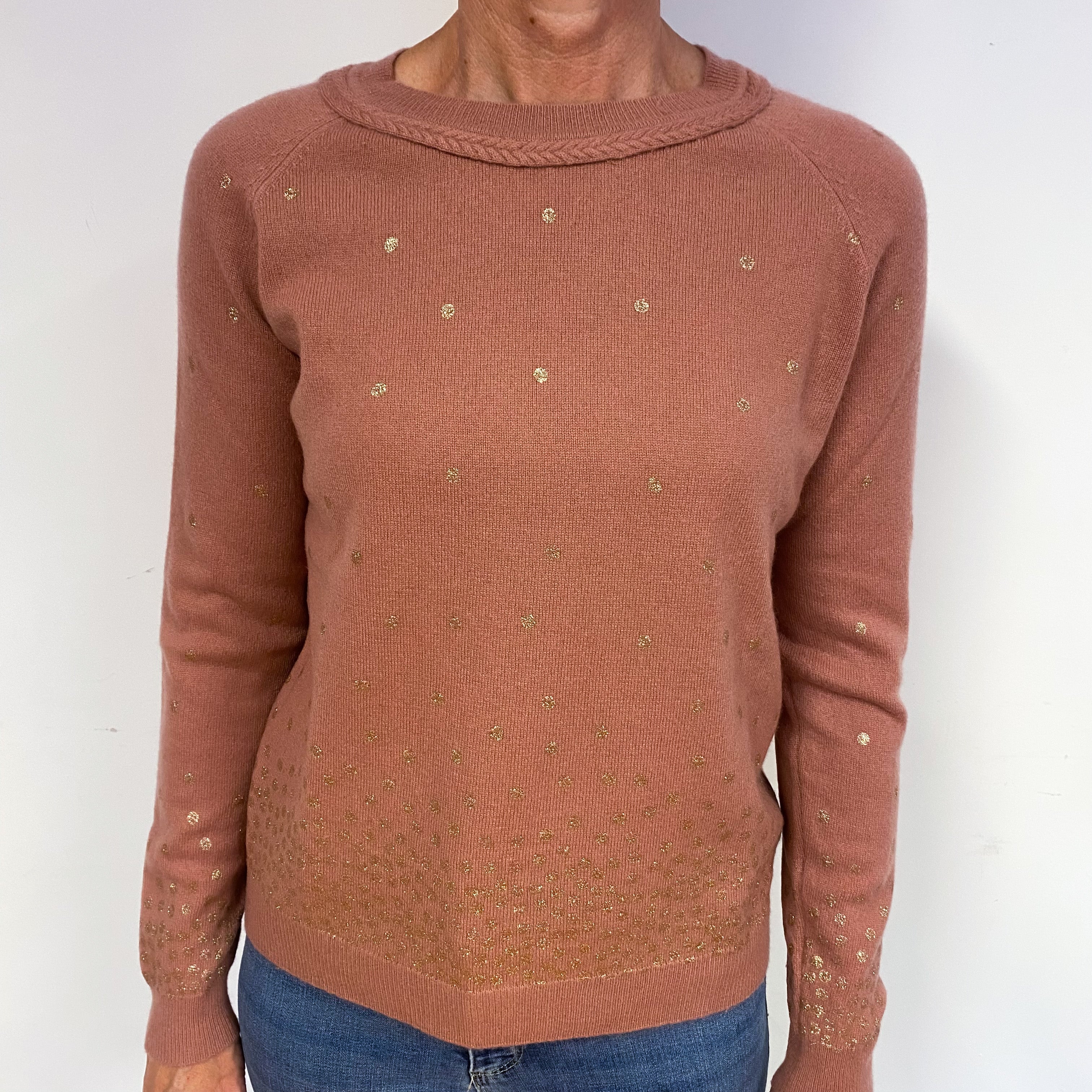Terracotta Pink Gold Sparkle Cashmere Crew Neck Jumper Medium