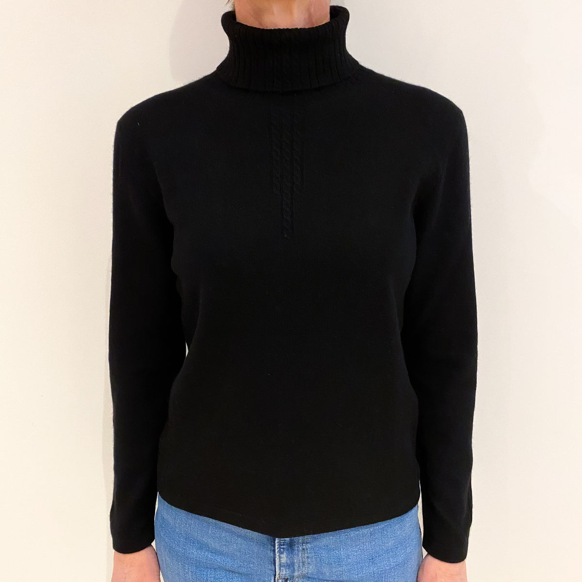 Black Cashmere Polo Neck Ribbed and Cable Detail Jumper Small
