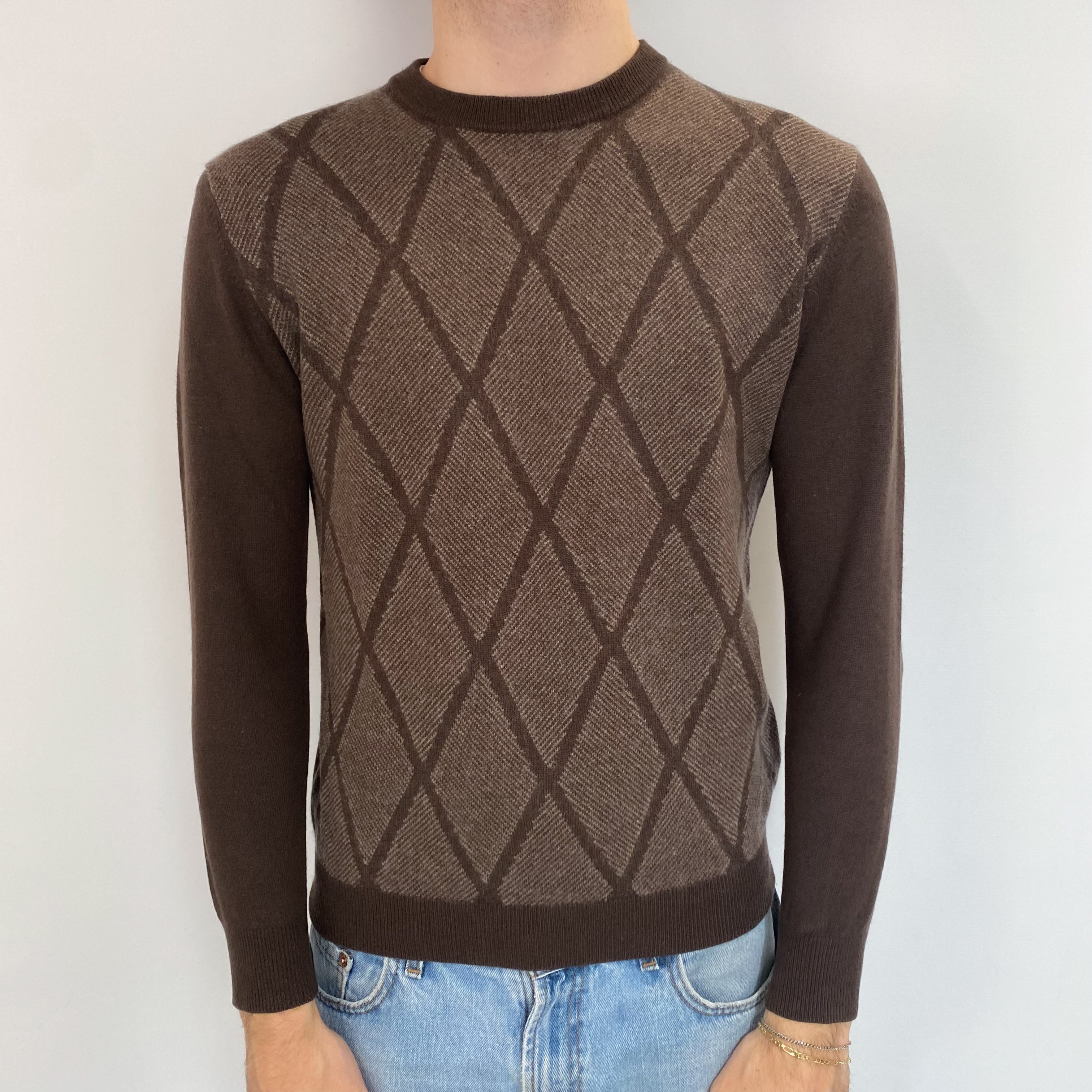 Men's Brown Diamond Cashmere Crew Neck Jumper Medium