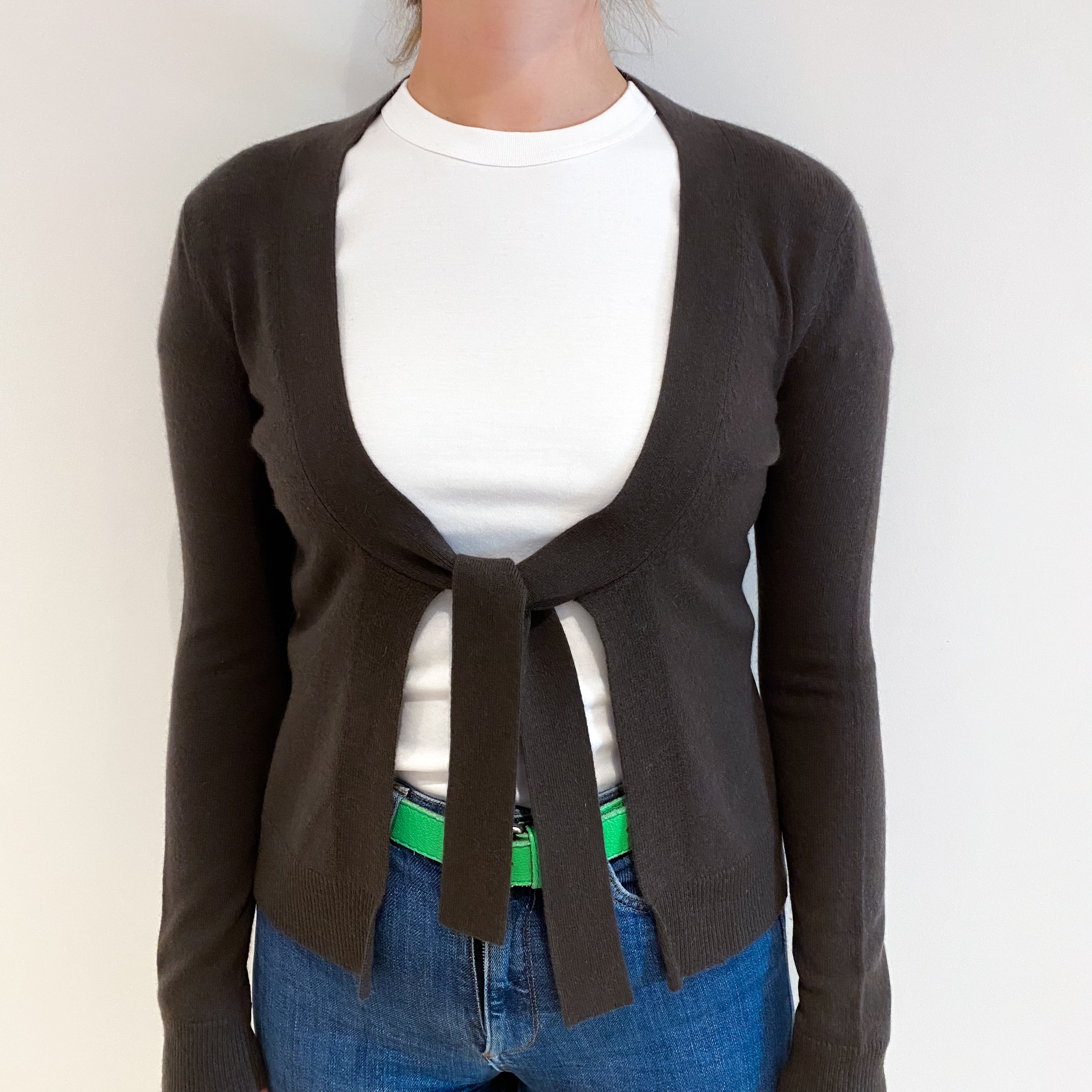 Peppercorn Brown Cashmere Tie Front Cardigan Small