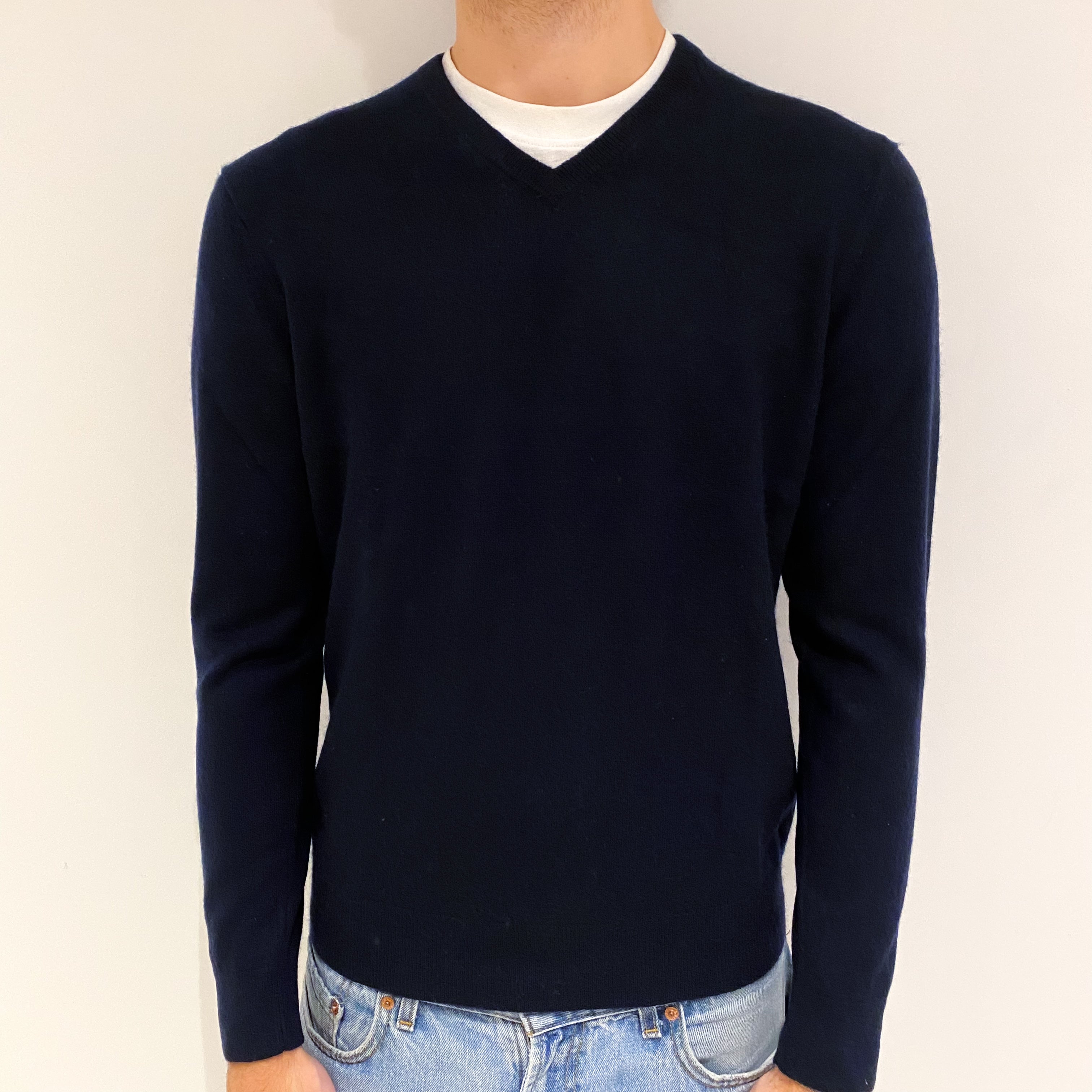 Men's Dark Navy Blue Cashmere V Neck Jumper Large
