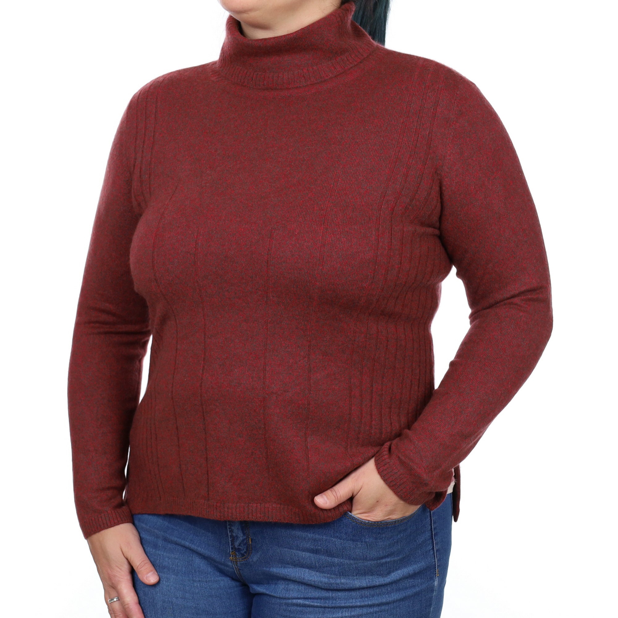 Red and Green Marl Cashmere Polo Neck Jumper Large