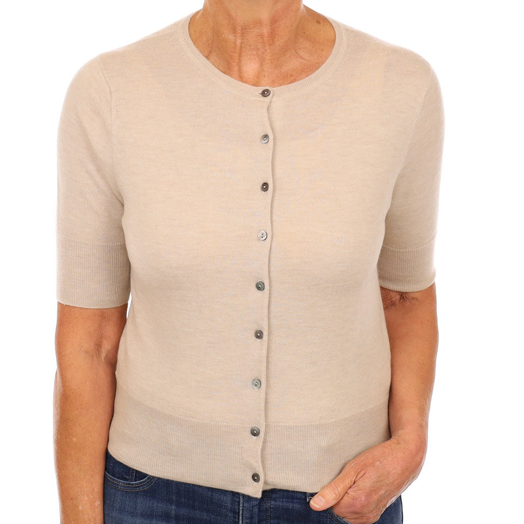 Fawn Cashmere Short Sleeve Crew Neck Cardigan Medium