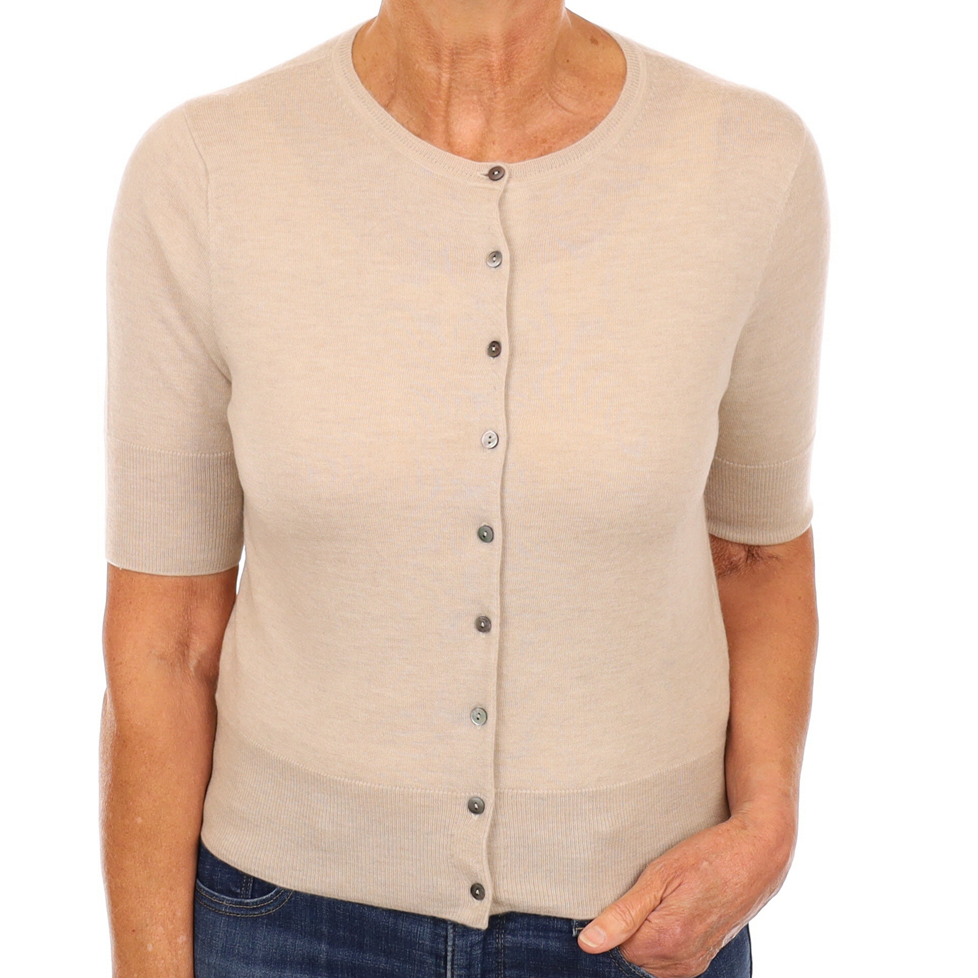 Fawn Cashmere Short Sleeve Crew Neck Cardigan Medium
