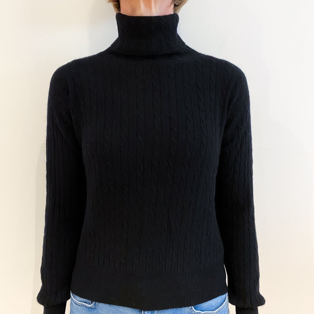 Black Cashmere Cable Polo Neck Jumper Small