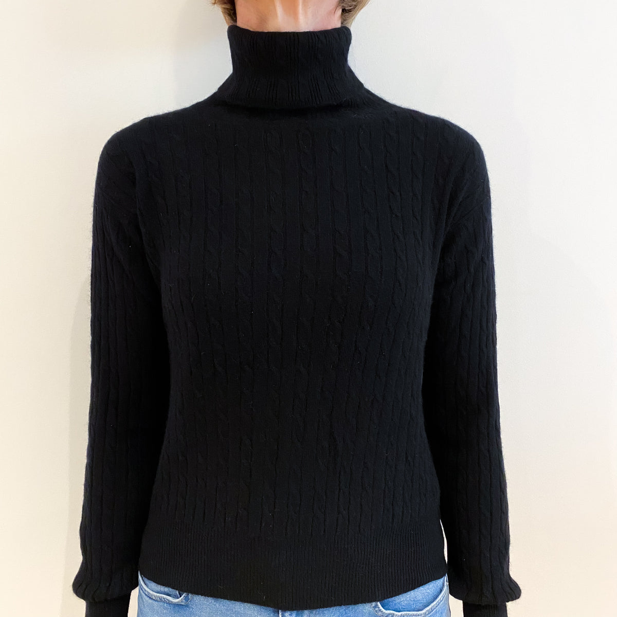 Black Cashmere Cable Polo Neck Jumper Small