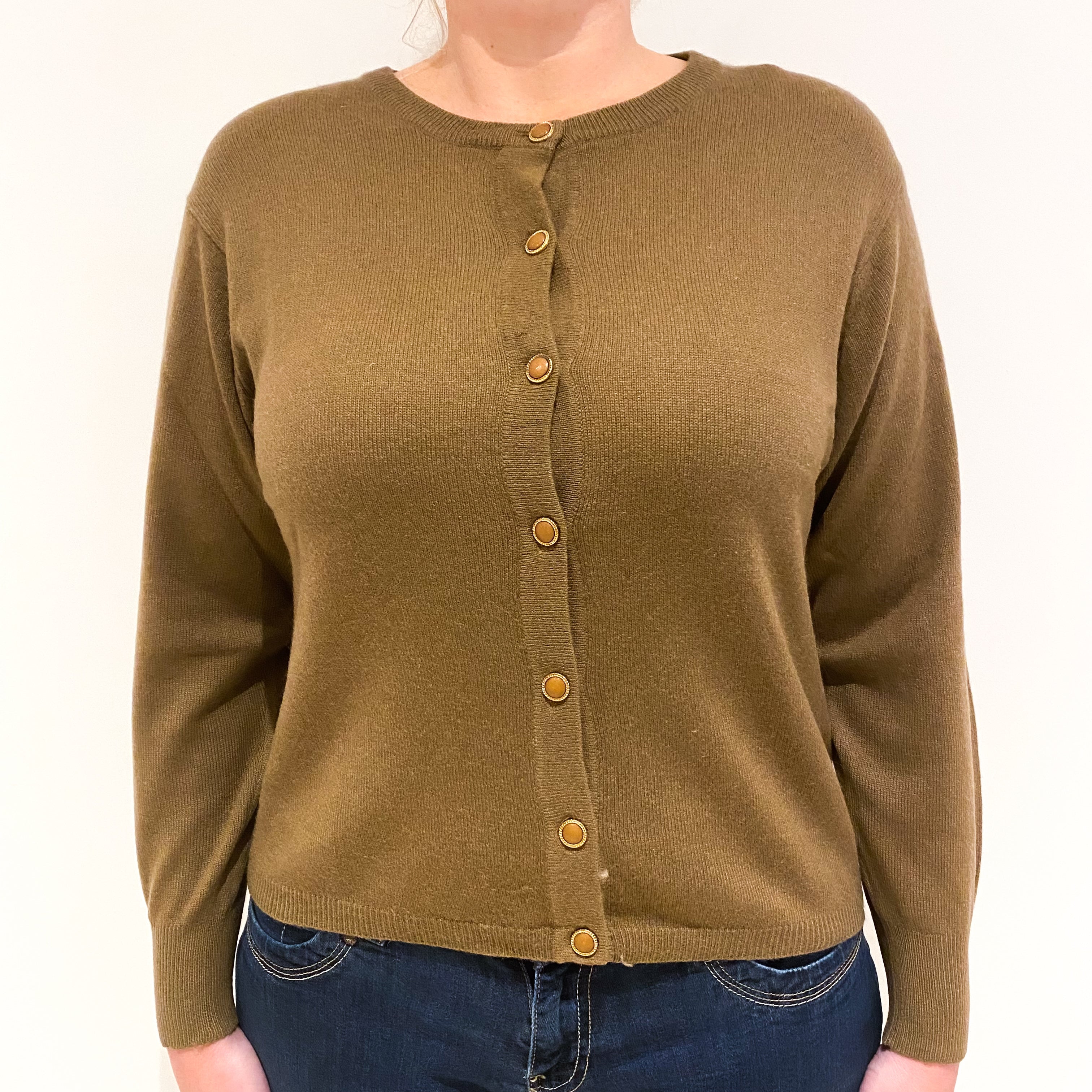 Toffee Brown Light Weight Cashmere Crew Neck Cardigan Large