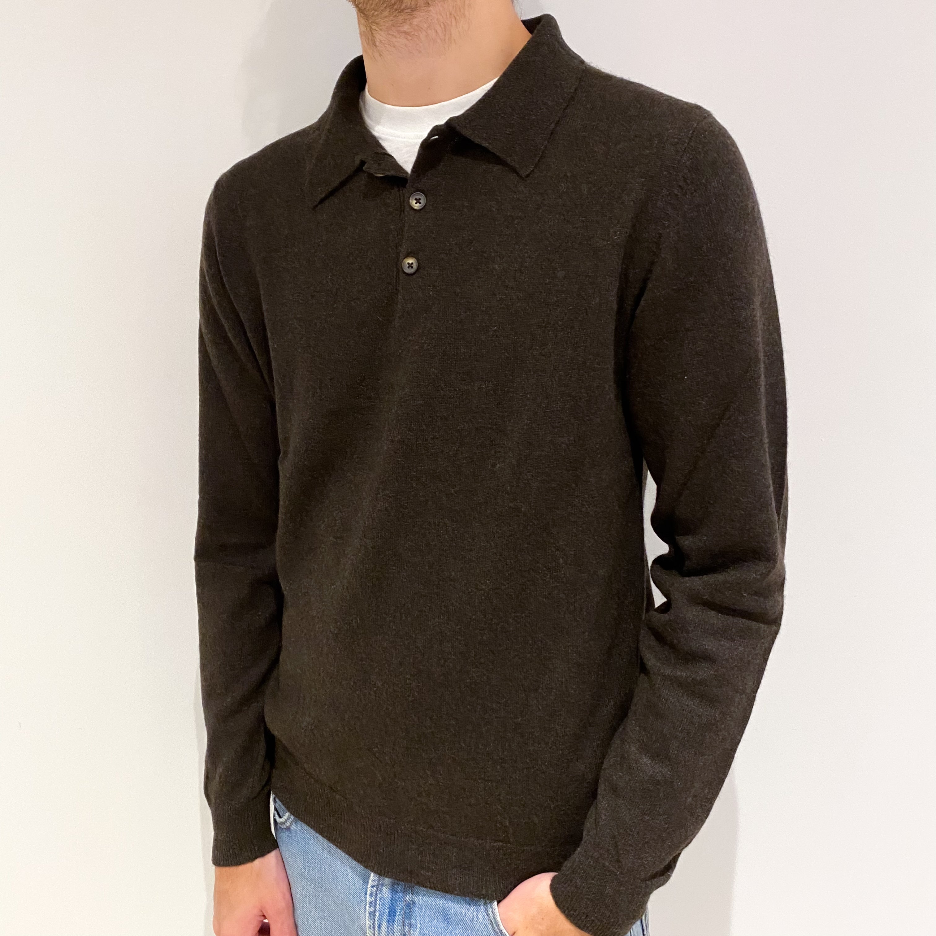 Men's Chocolate Brown Cashmere Collared V Neck Jumper Medium