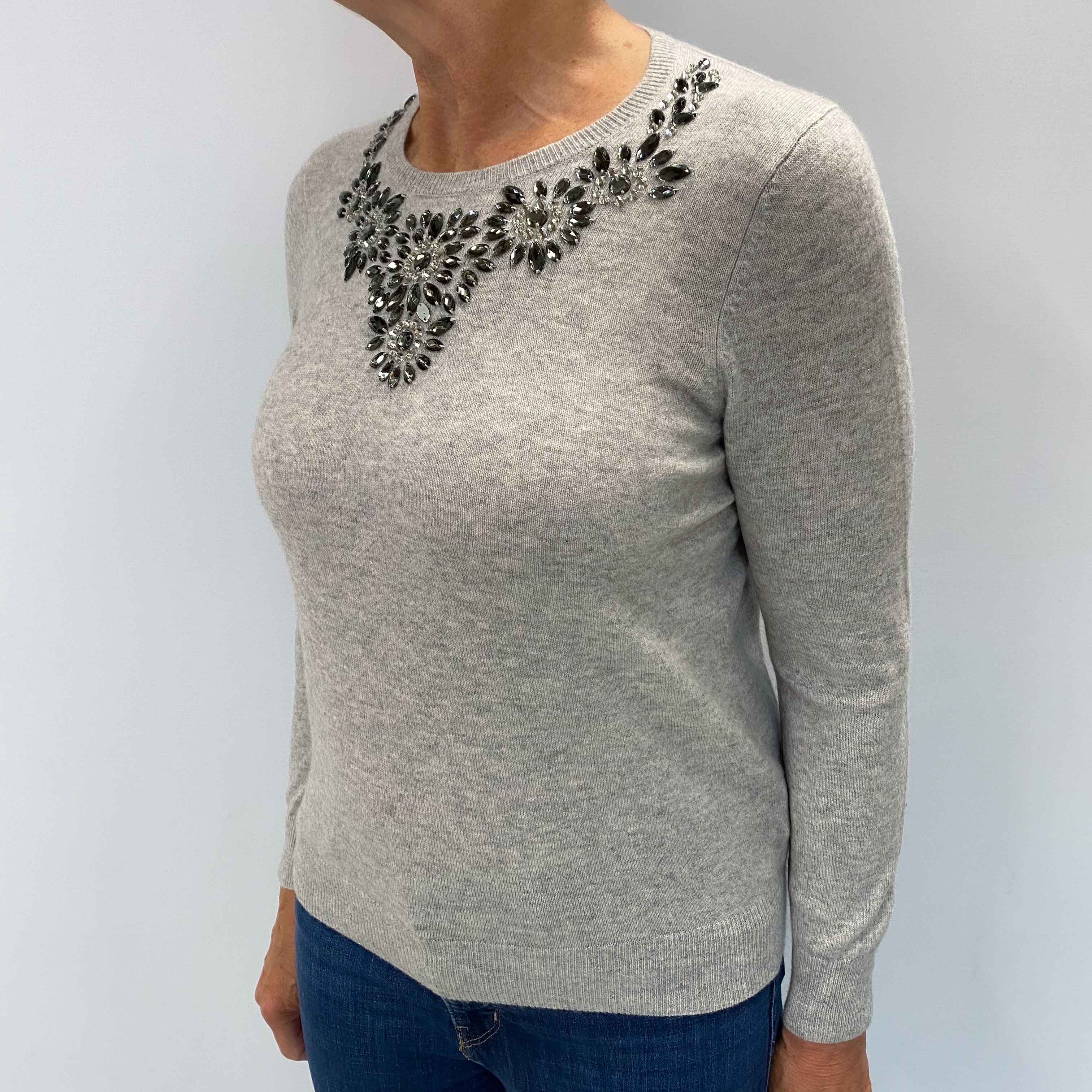 Smoke Grey Jewelled Cashmere Crew Neck Jumper Medium